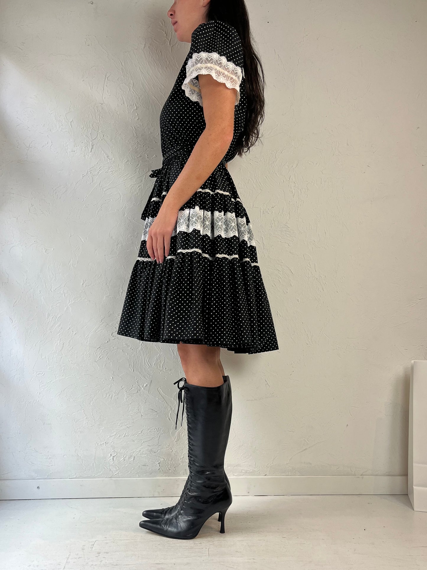 90s Handmade Black Polka Dot Western Puff Sleeve Dress / Small