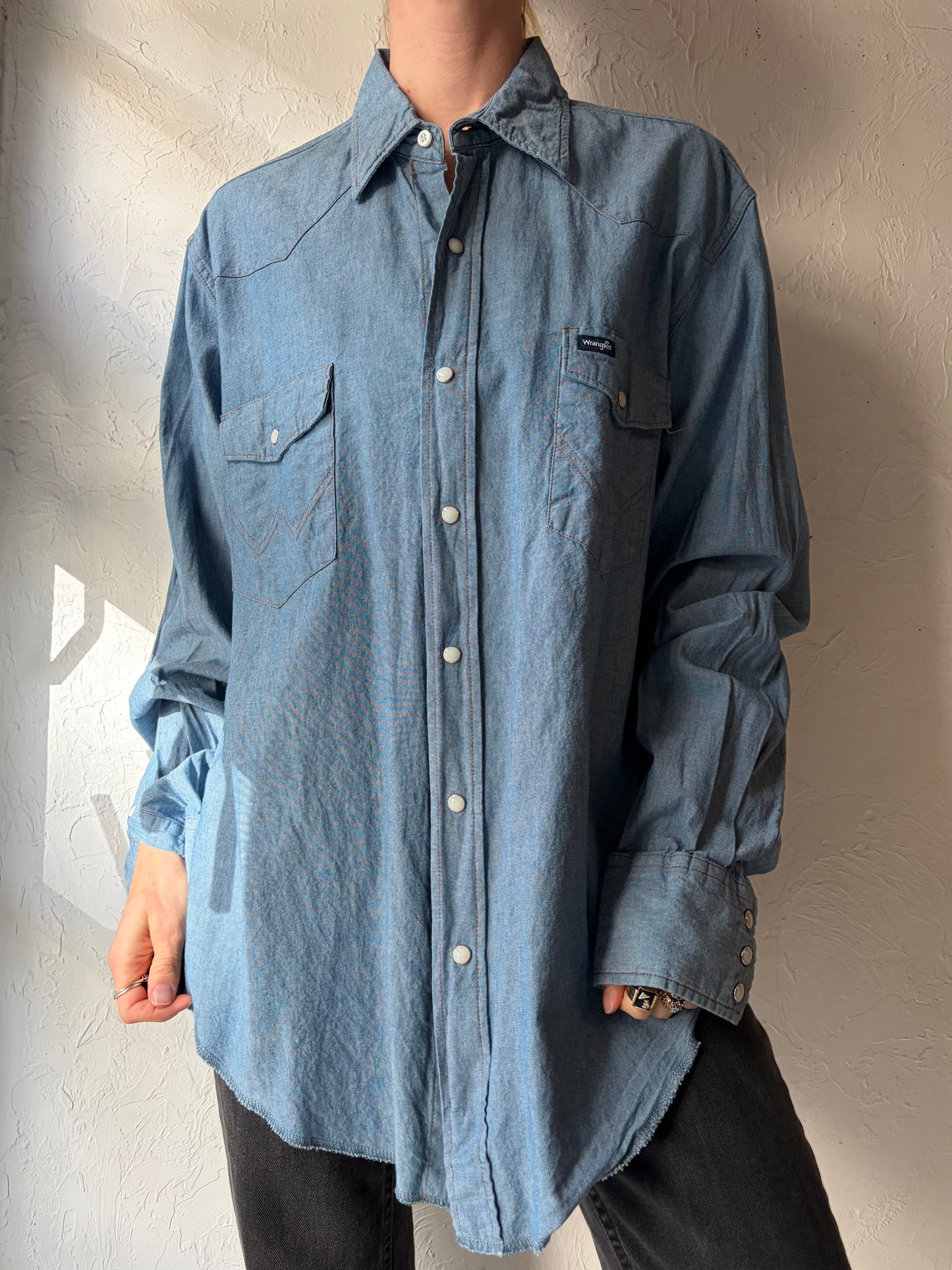 Vintage 'Wrangler' Denim Pearl Snap Shirt / Large