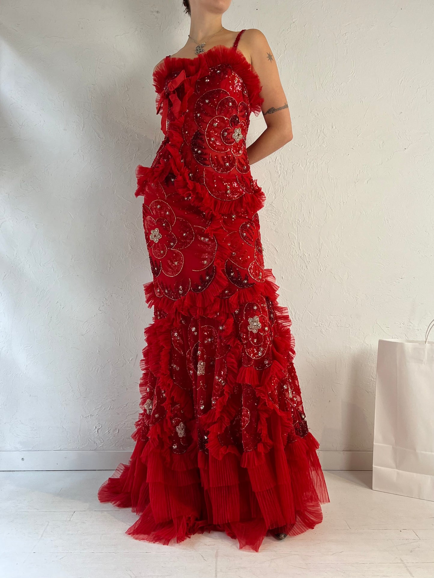 Vintage 'Shakez' Red Beaded Formal Gown / Small