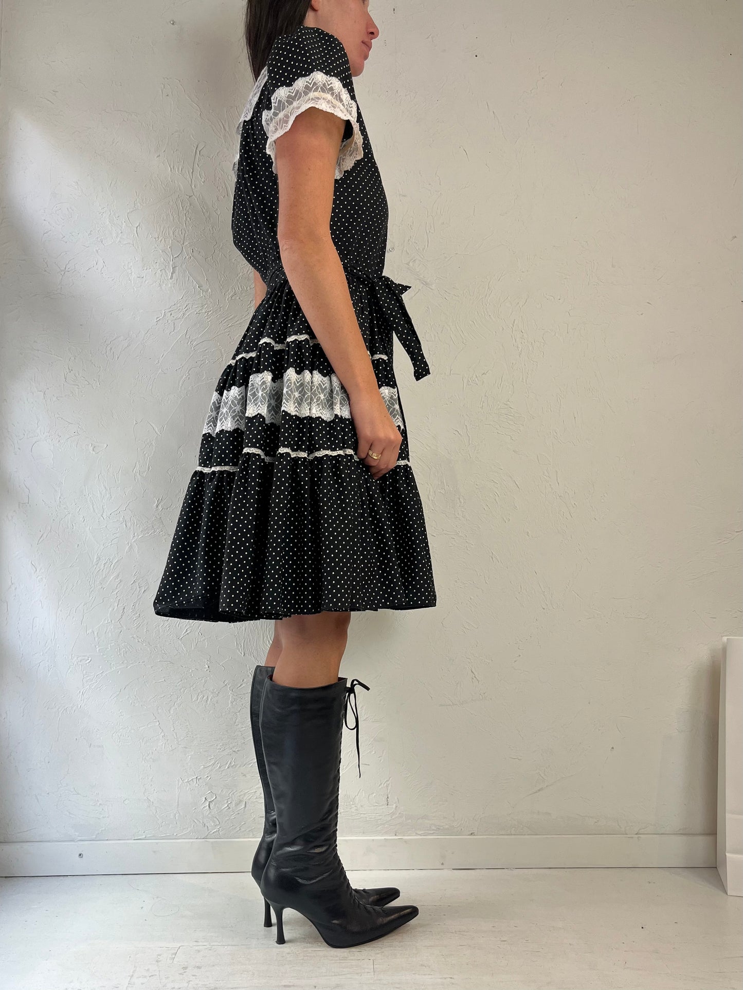 90s Handmade Black Polka Dot Western Puff Sleeve Dress / Small