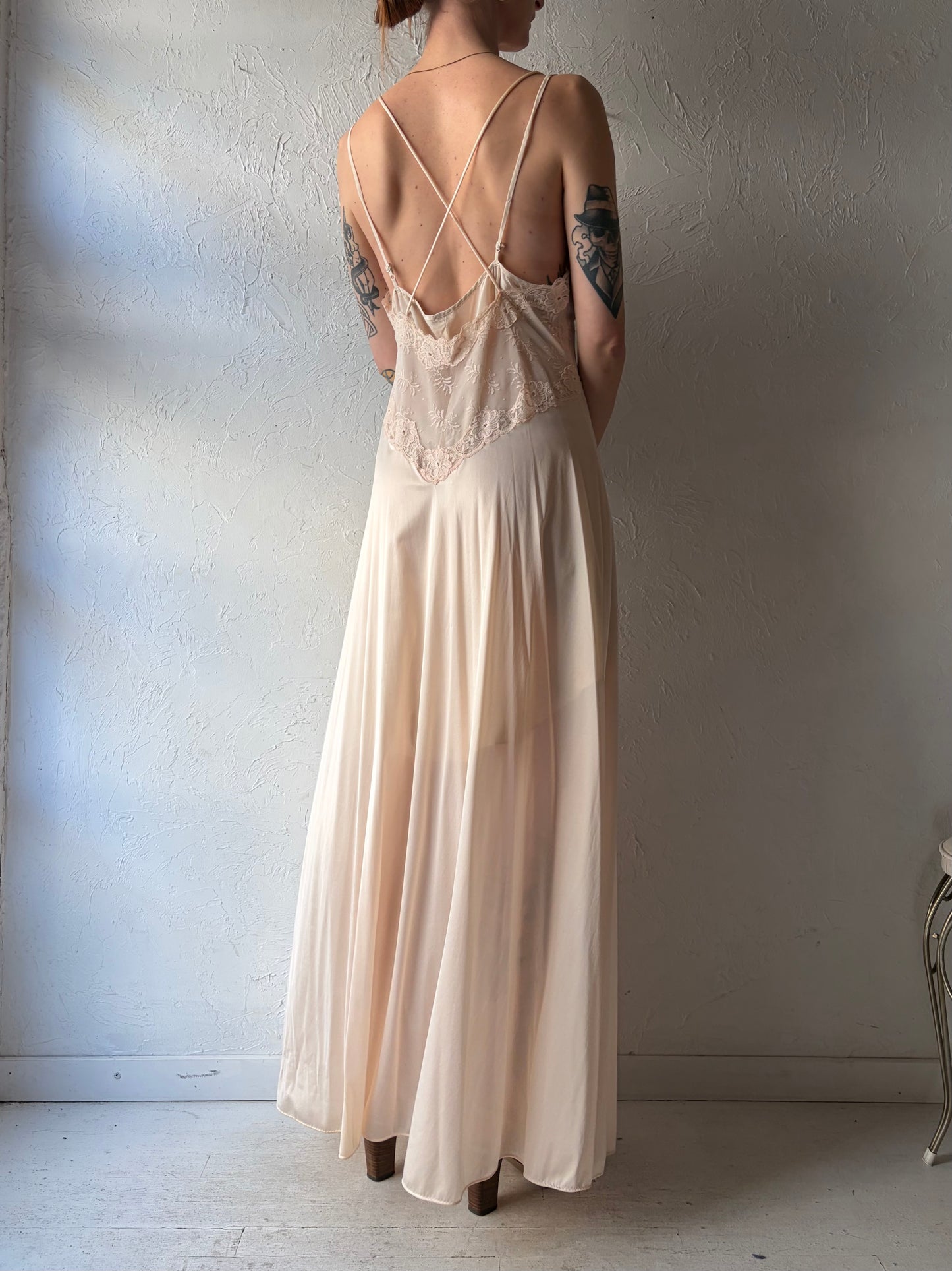 80s 'Vanity Fair' Pink Lacey Maxi Slip Dress / Small