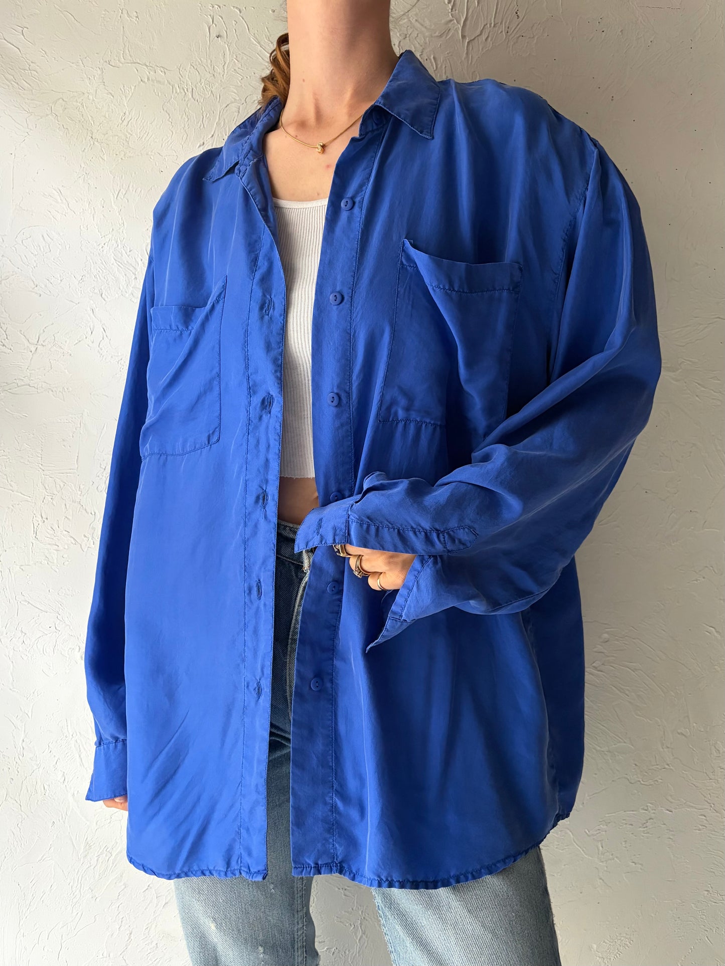 90s 'Pasha' Blue Silk Shirt / Large