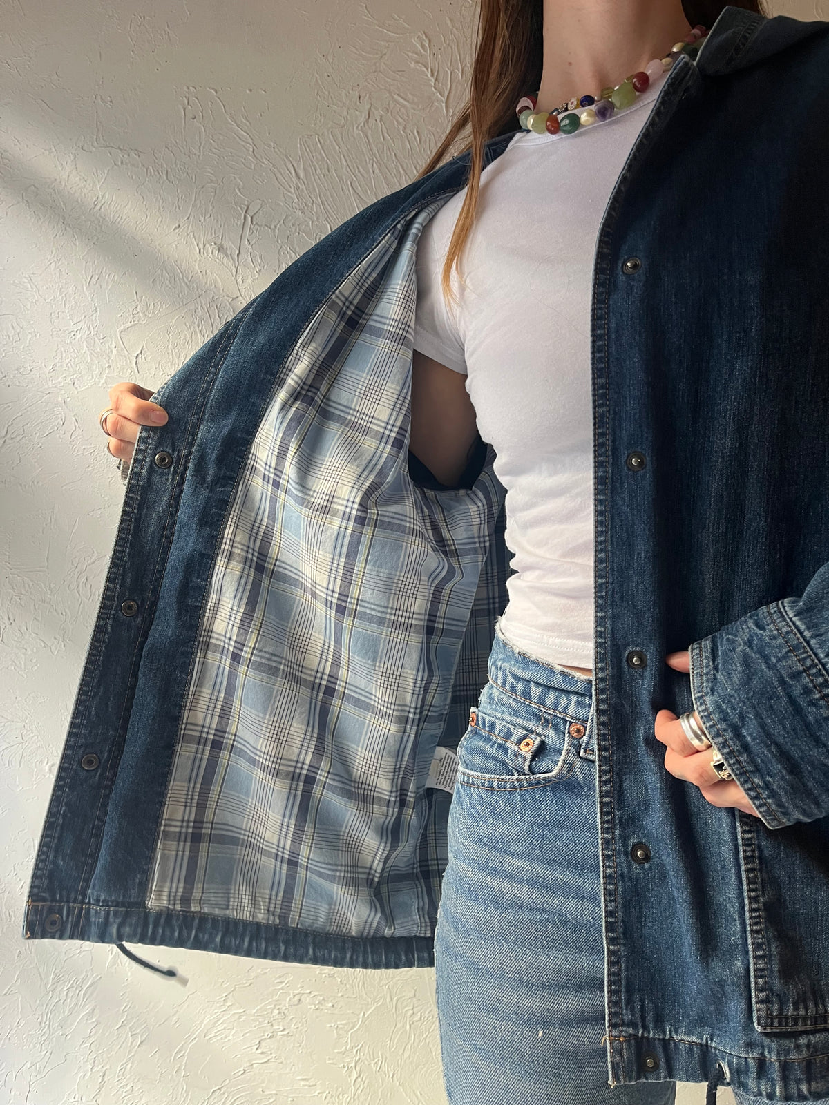 Y2k ‘Eddie Bauer’ Blue Denim Plaid Lined Chore Workwear Utility Jean Jacket / Medium