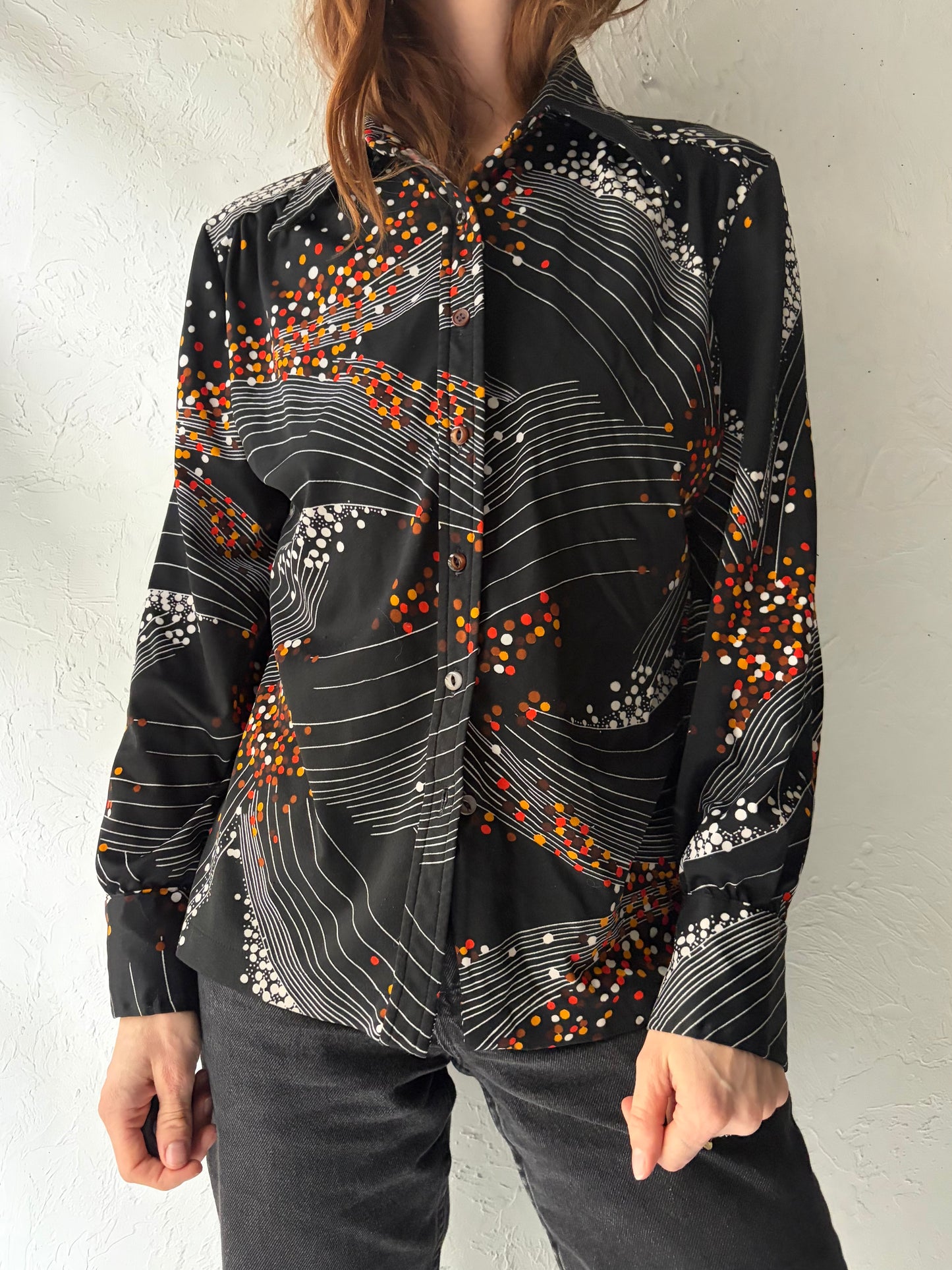 70s 'Exquisite' Black Patterned Retro Button Up Dress Shirt / Medium