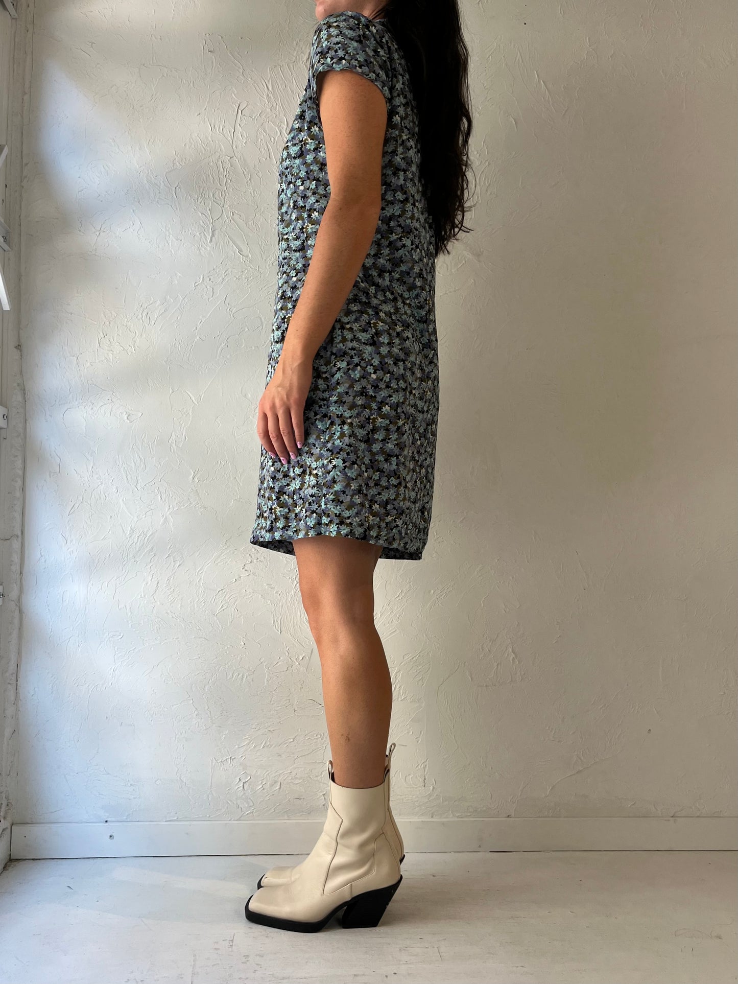 90s 'California Girl' Blue Floral Print Mini Dress / Medium