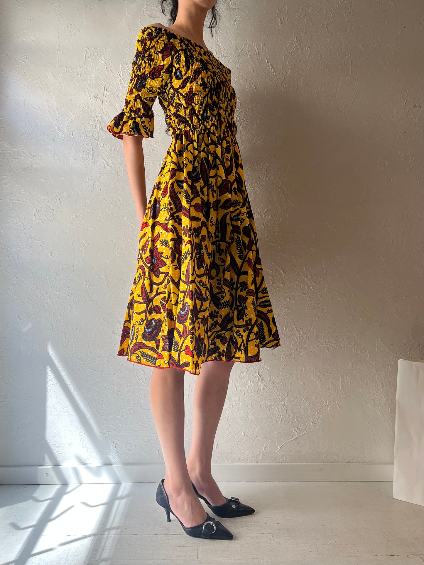 90s Yellow Abstract Smocked Dress / Small