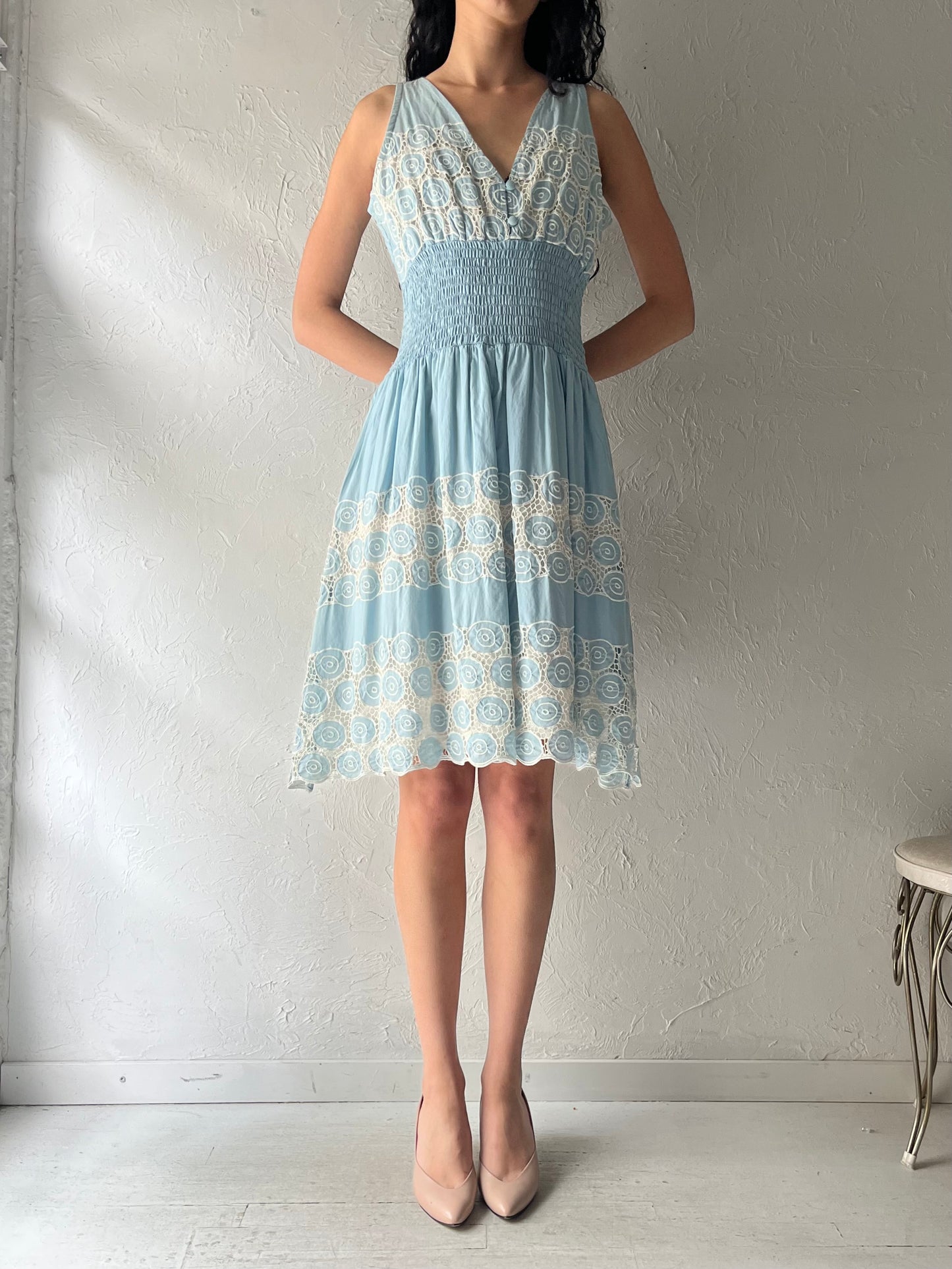 90s 'Hibis' Blue Hippie Midi Dress / Medium - Large