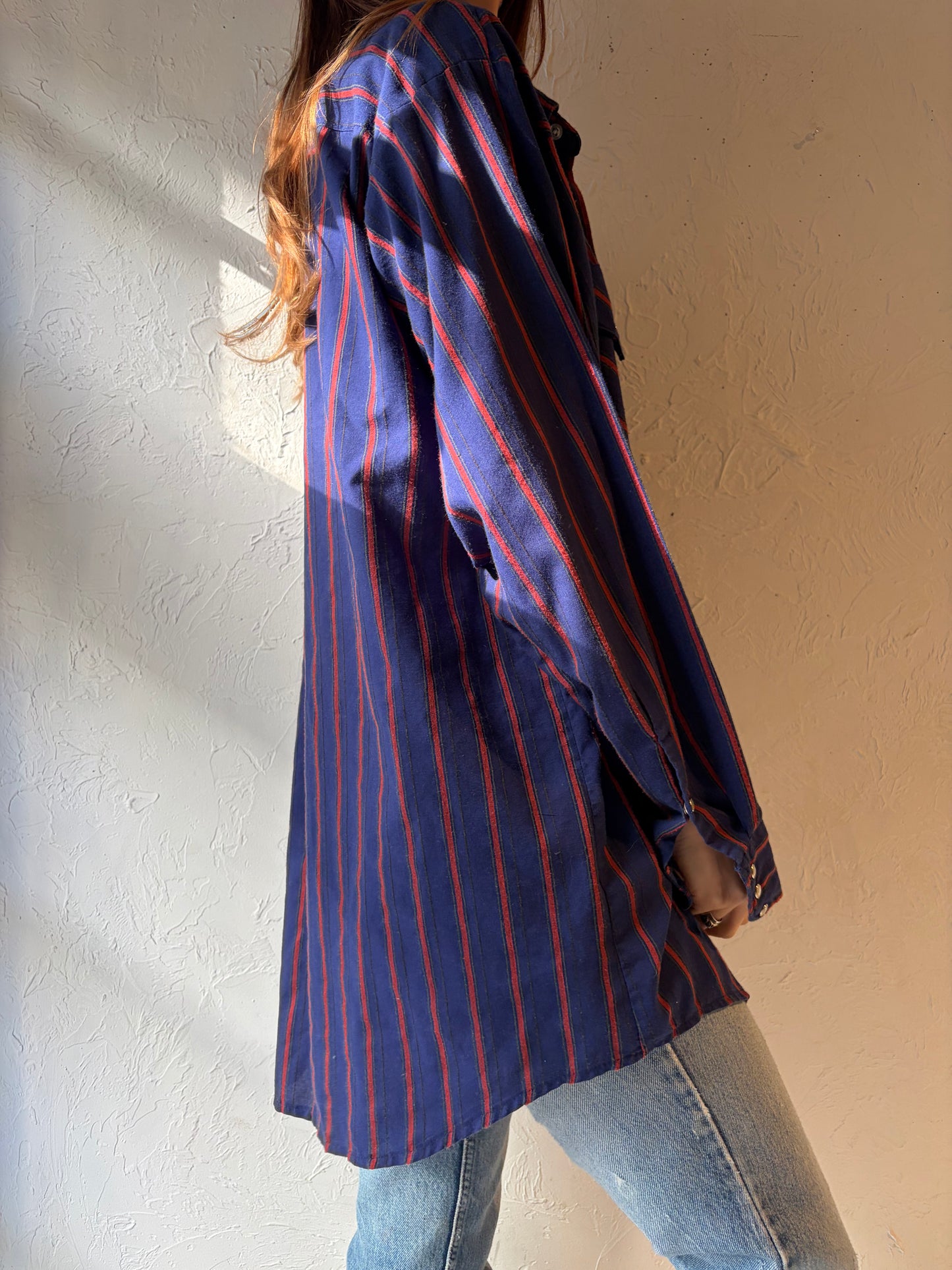 Y2k 'Western Craft' Blue Striped Snap up Western Shirt / Large