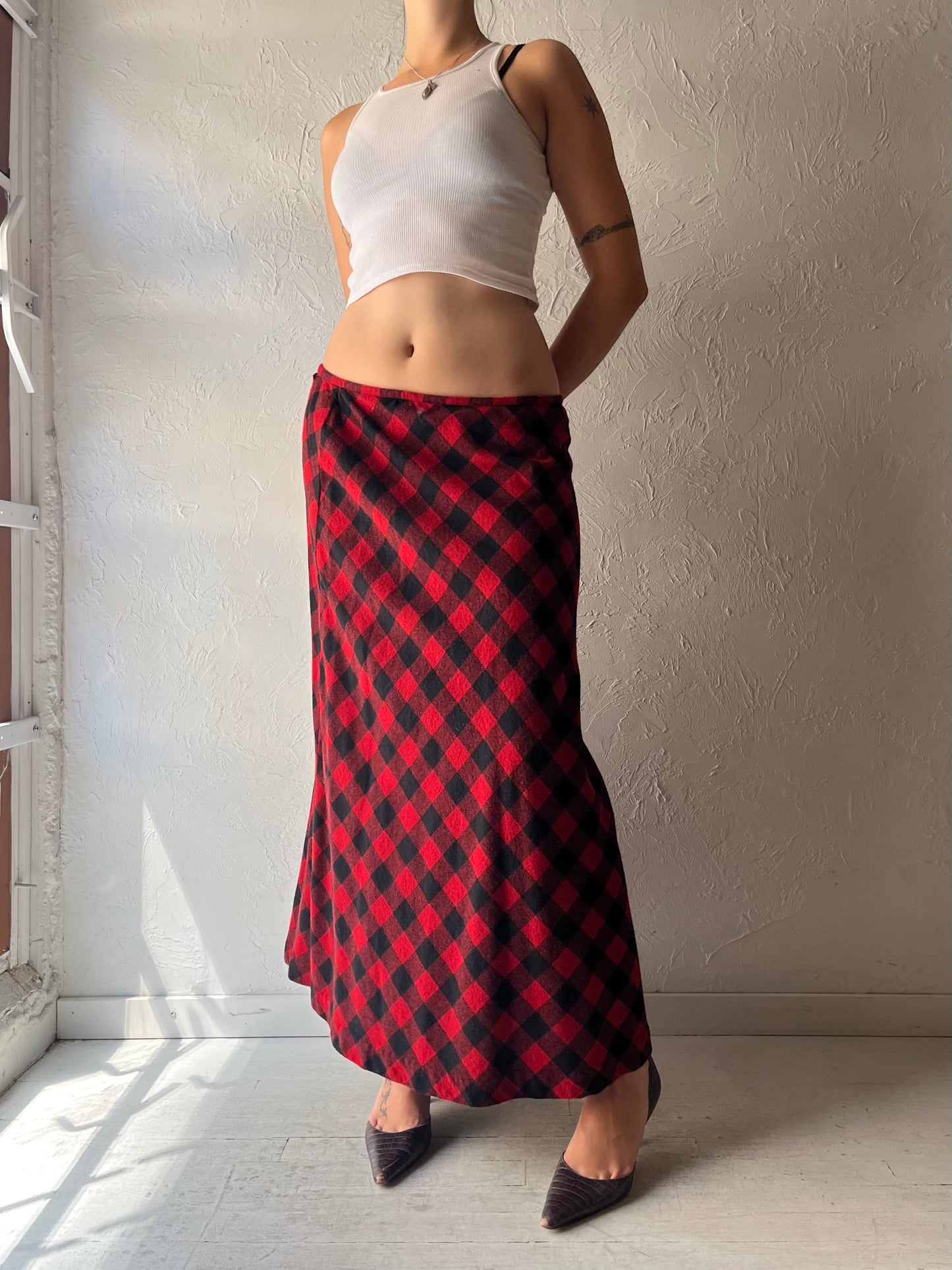 Y2k 'Liz Claiborne' Red Plaid Cottagecore Maxi Fall Skirt / Large