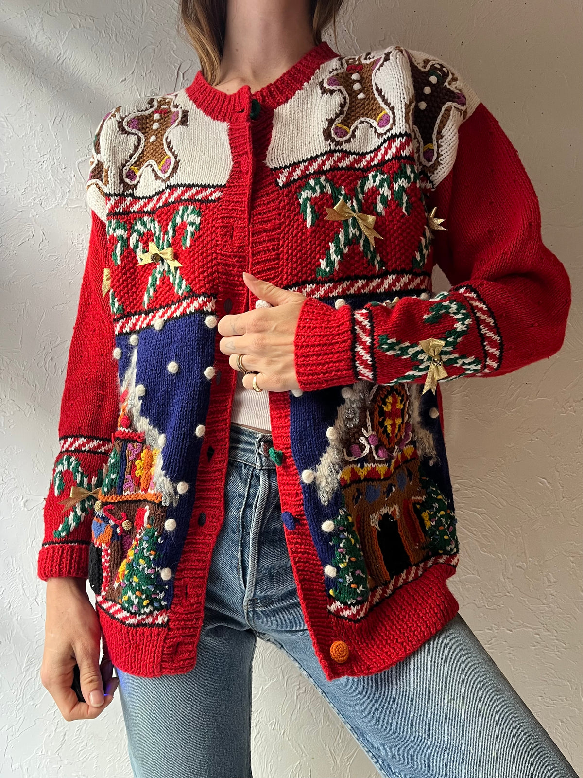 90s 'Marisa Christina' Red Gingerbread House Holiday Cardigan Christmas Novelty Knit Sweater / Medium - Large