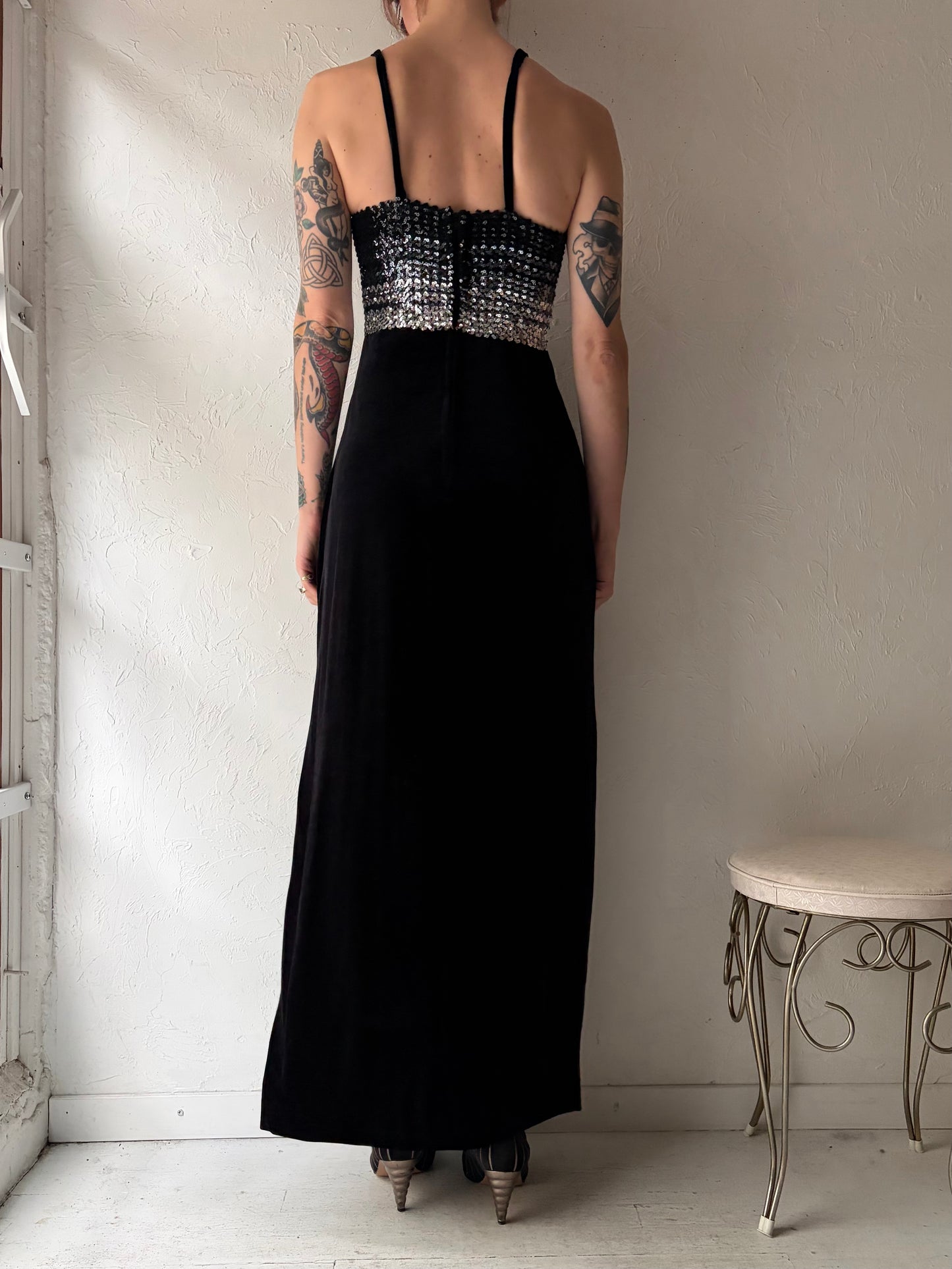 90s 'Lori Ann' Black Sequin Velvet Formal Dress / Small - Medium