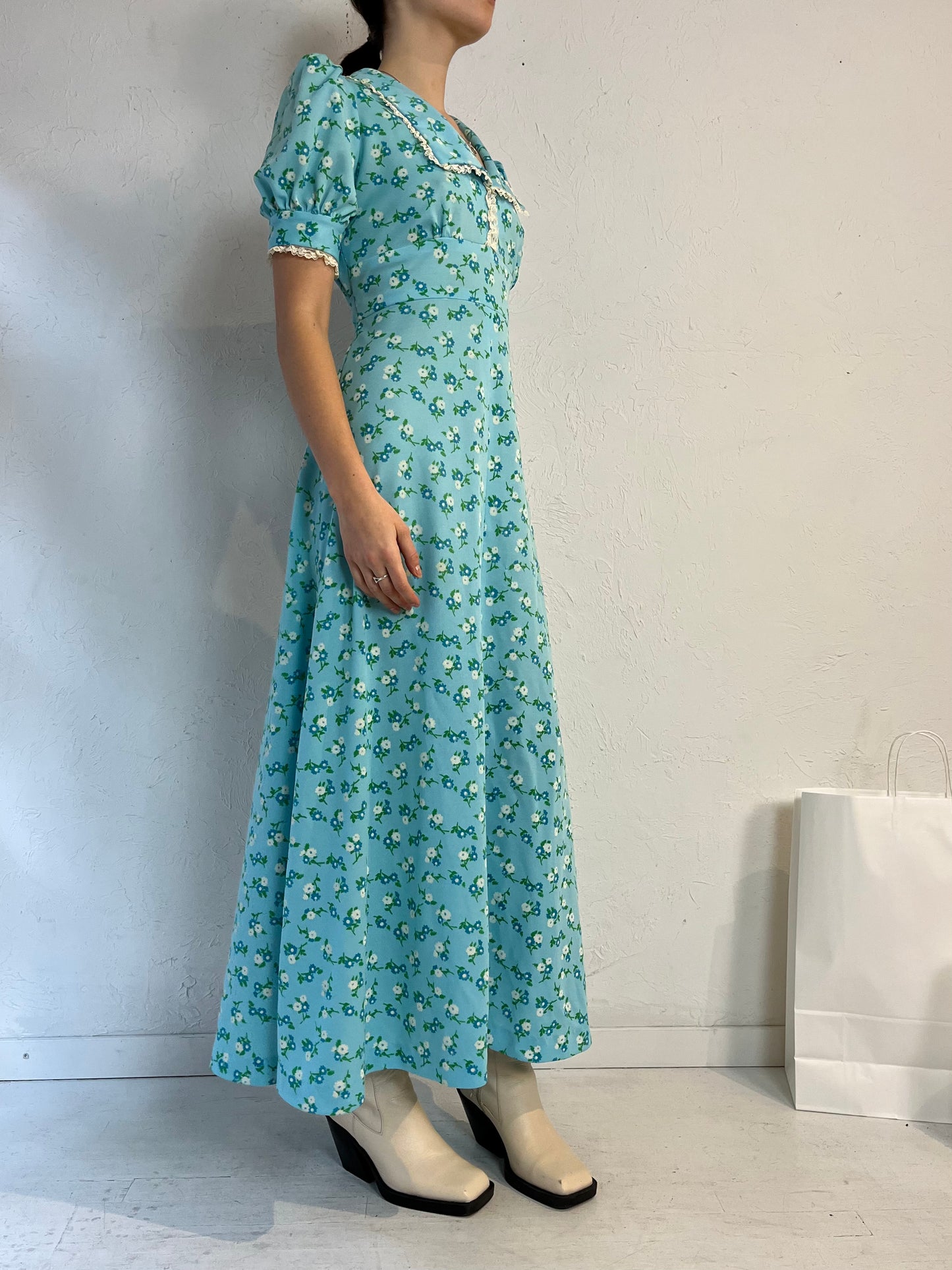 Vintage Handmade Blue Floral Peasant Dress / Small