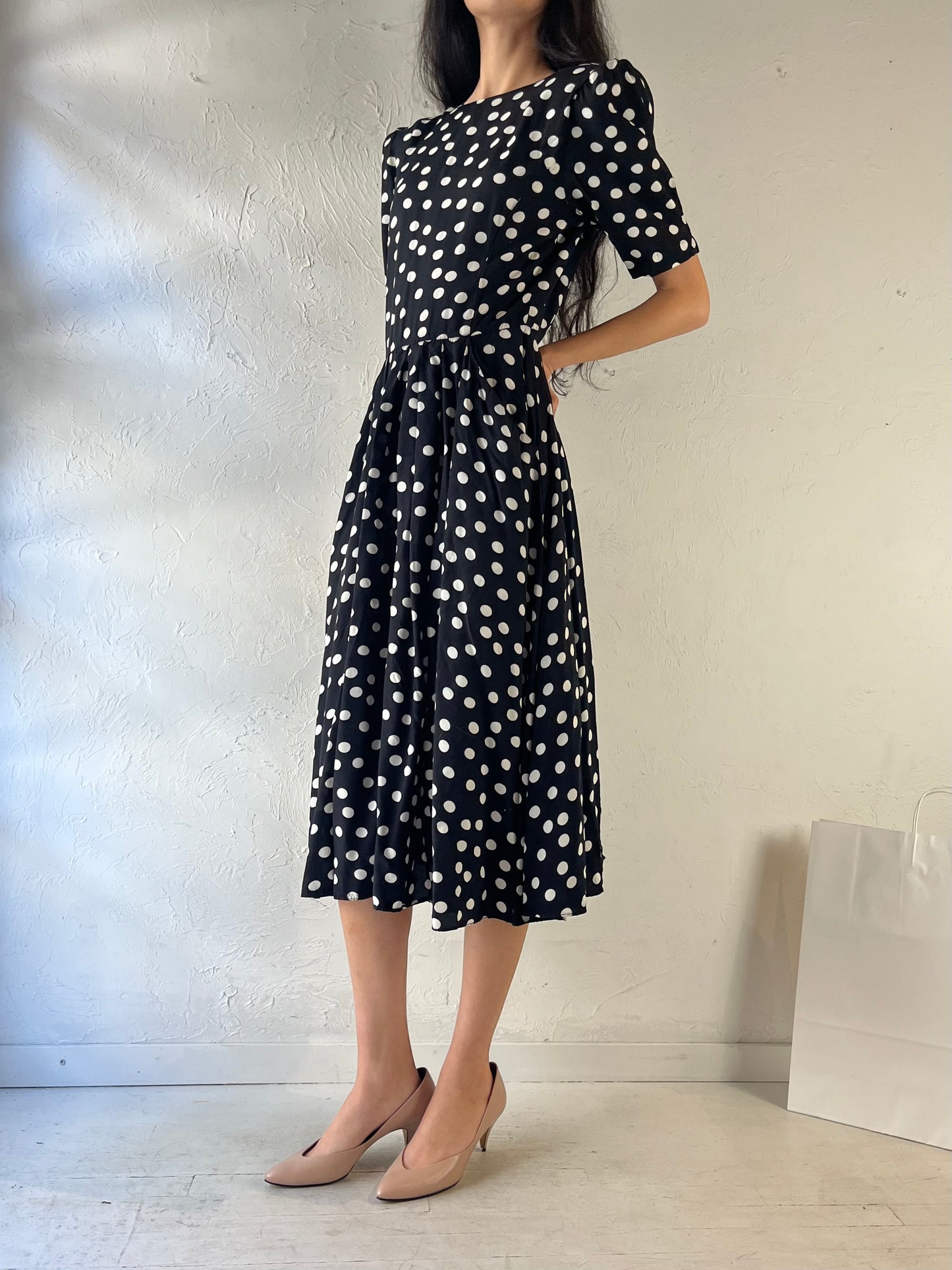 80s Black Polka Dot Dress / Small - Medium