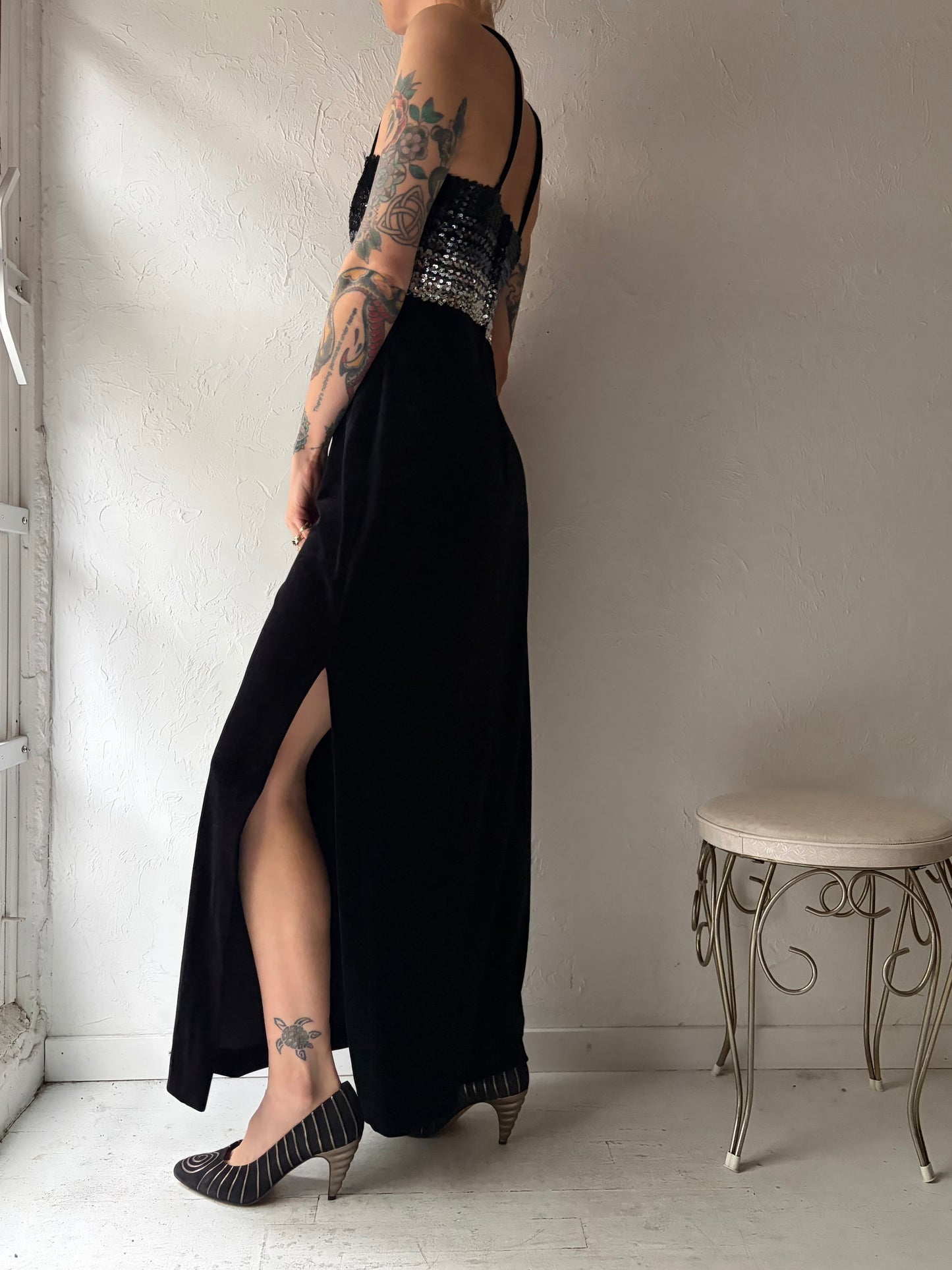 90s 'Lori Ann' Black Sequin Velvet Formal Dress / Small - Medium