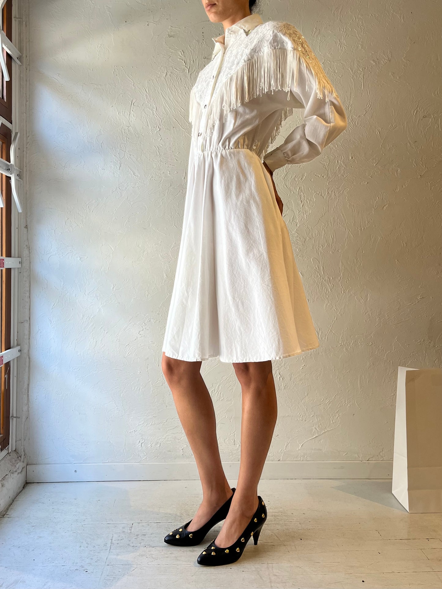 80s 'Lila Suilty' White Fringe Western Dress / Small
