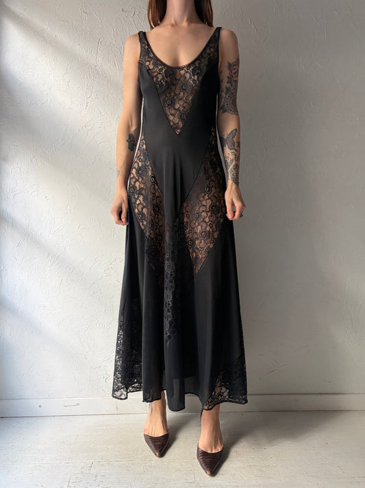80s Vintage Black Romantic Lace Lingerie Maxi Dress / Gothic Evening Long Dress / Small
