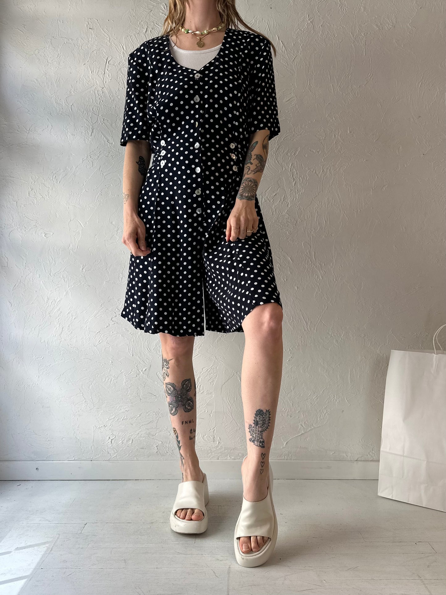 90s 'New Horizons' Polka Dot Rayon Romper / Medium