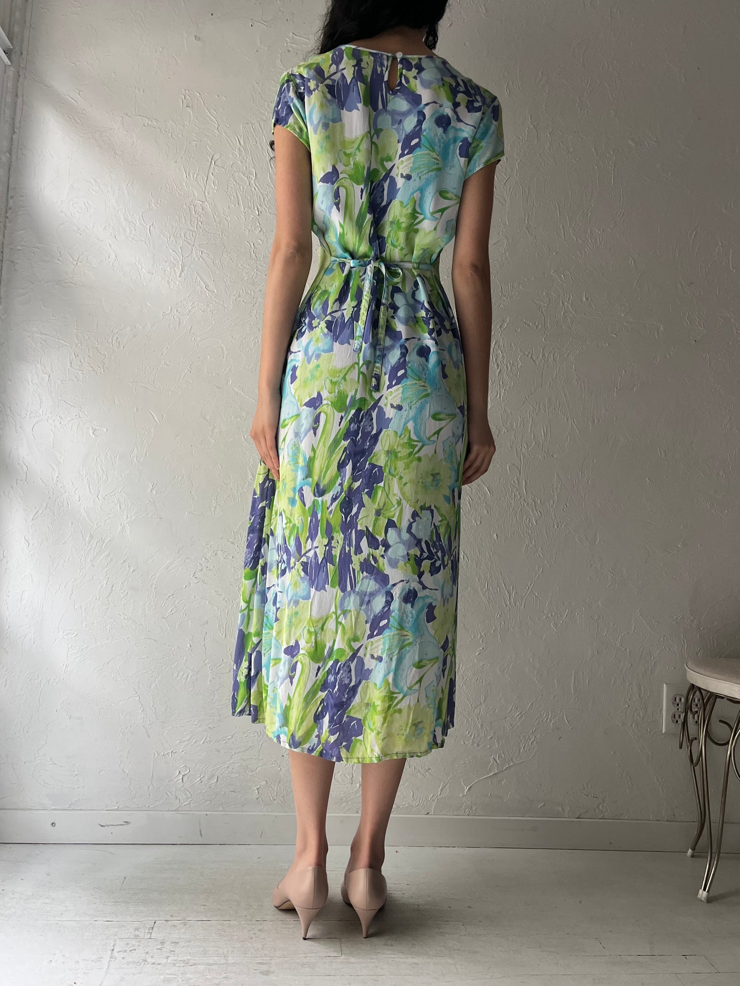 Y2k 'Karsh' Floral Rayon Midi Sundress / Vintage Garden Party Summer Dress / Small