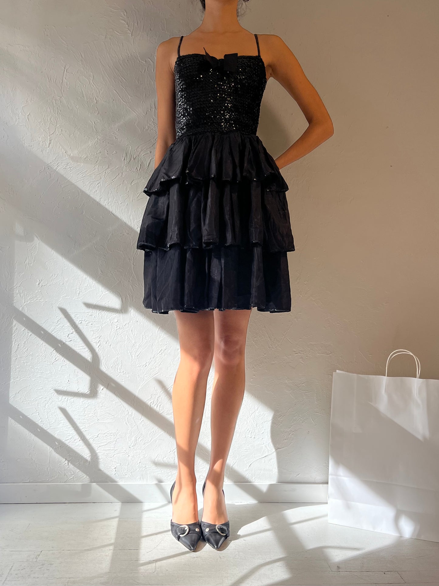 90s Black Sequin Ruffle Party Dress / Small