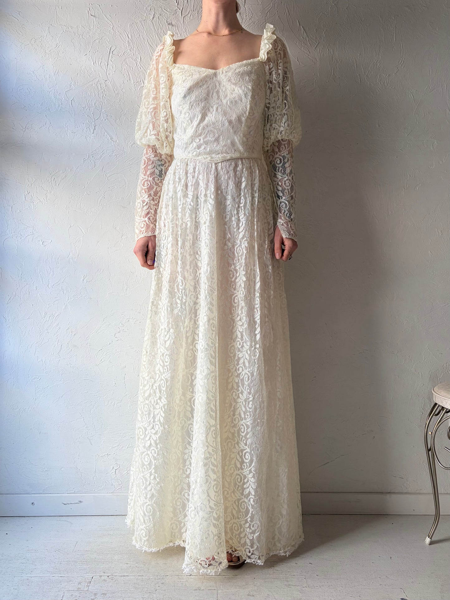 80s White Lace Long Sleeve Wedding Maxi Dress / Small