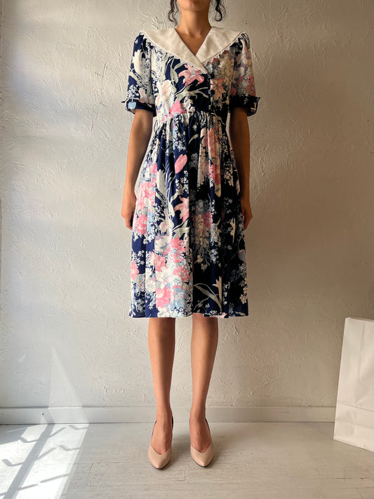 80s ‘Tina Barrie’ Collared Floral Print Midi Dress / Small