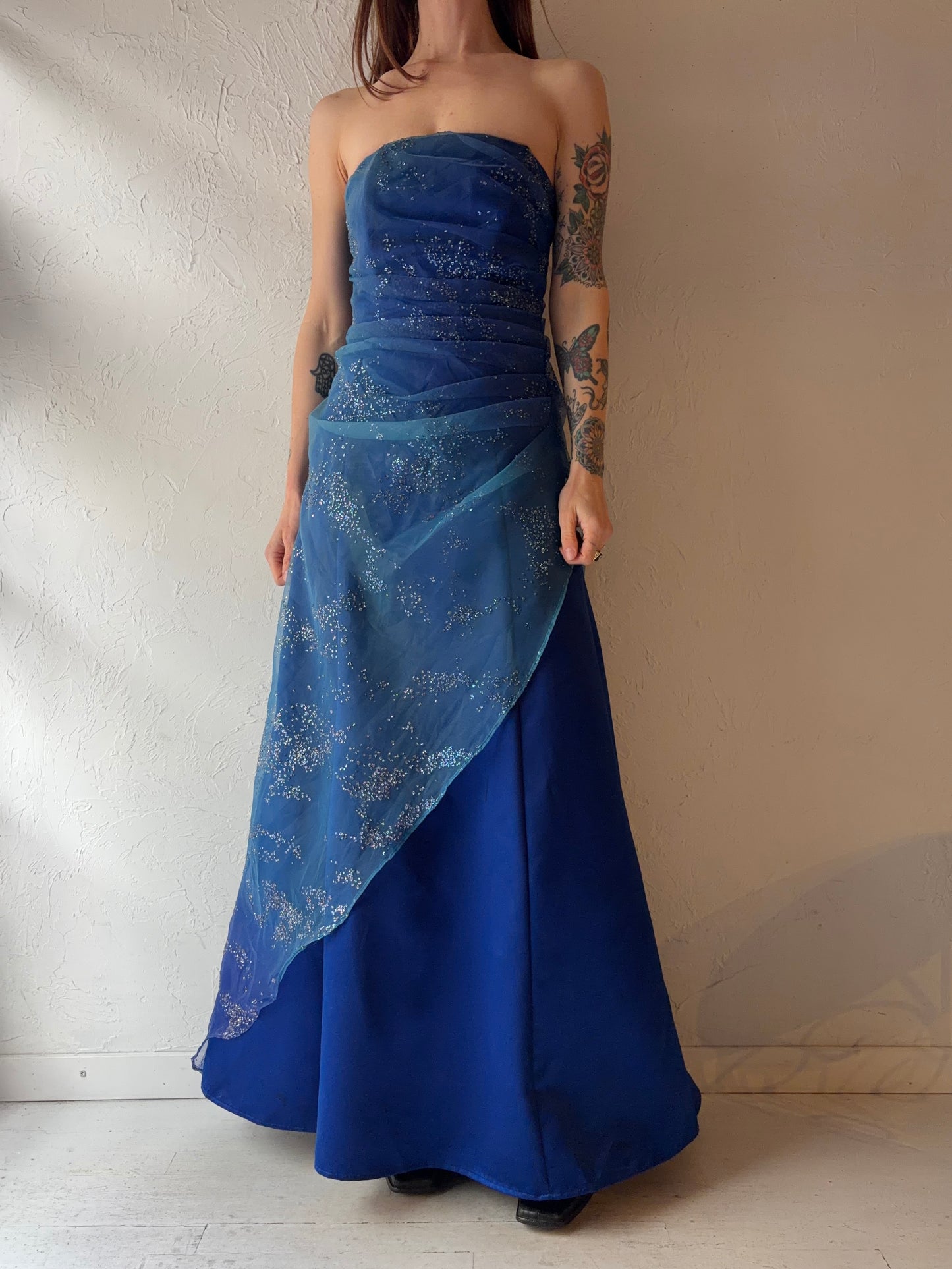 90s 'Jump' Blue Strapless Sparkly Formal Dress / Small