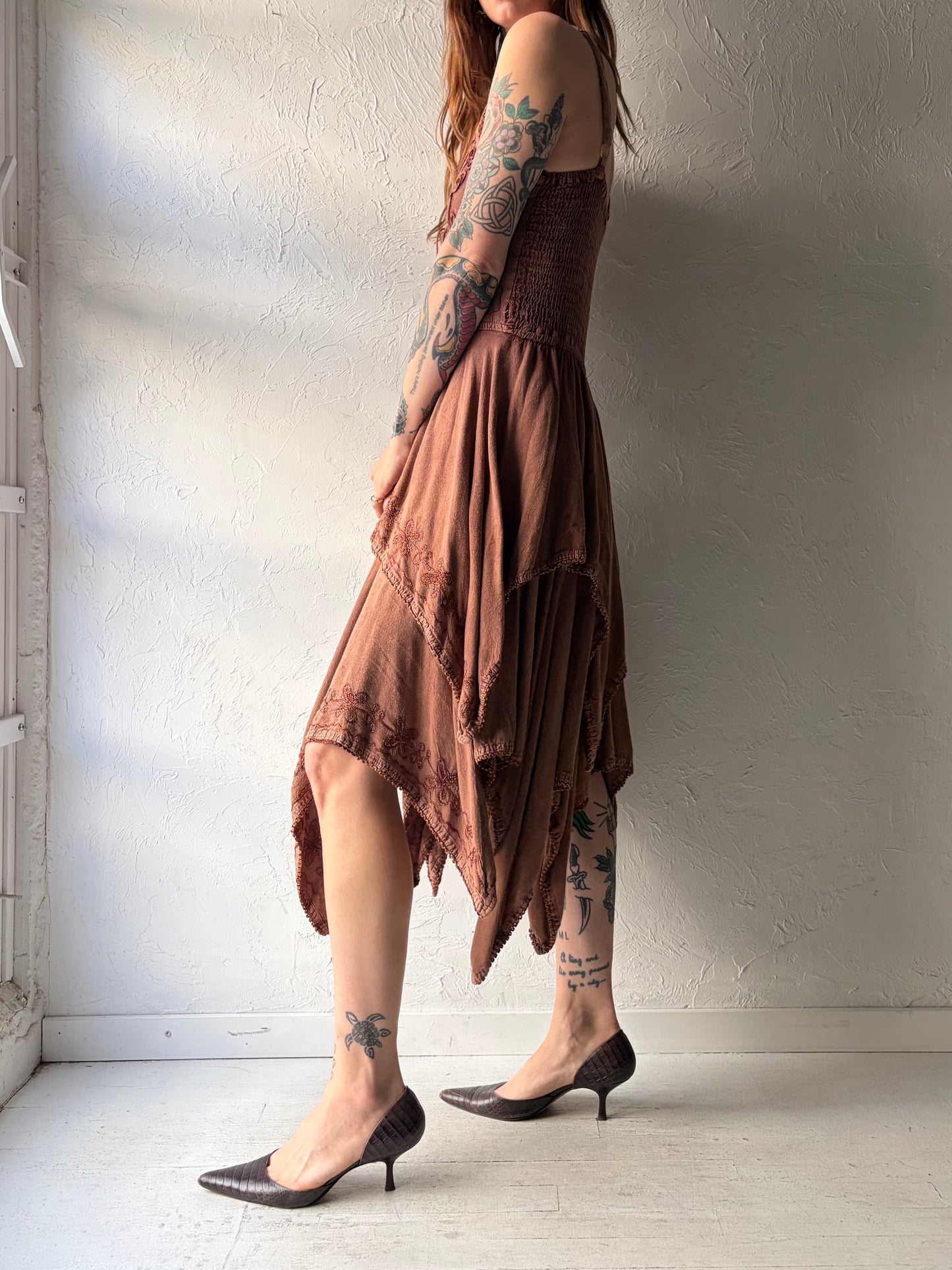Y2k 'My Choice' Brown Fairycore Summer Dress / Vintage 2000s Boho Hippie Midi Dress / Small -Large