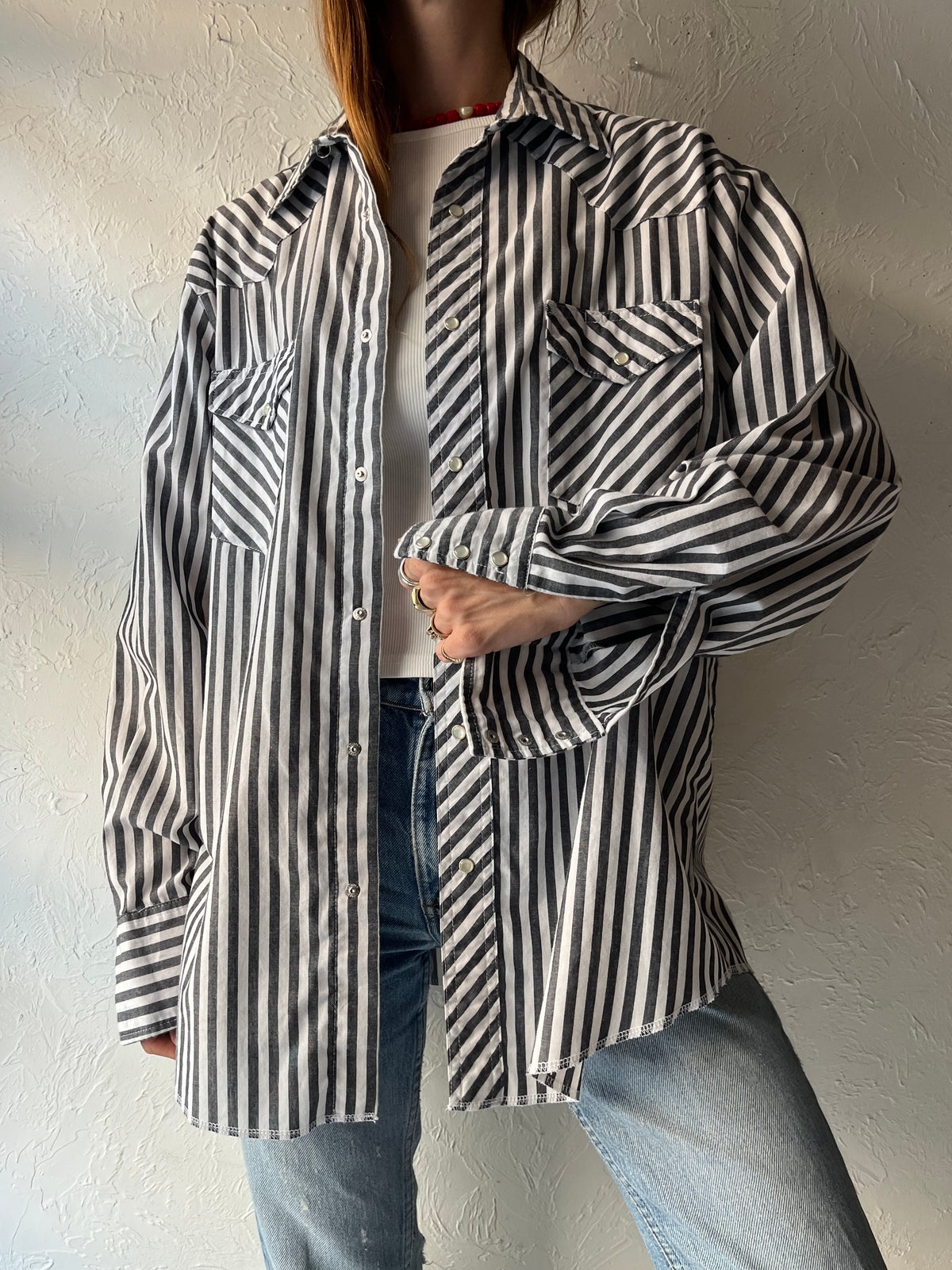Y2k 'Wrangler' Striped Western Pearl Snap Shirt / Large