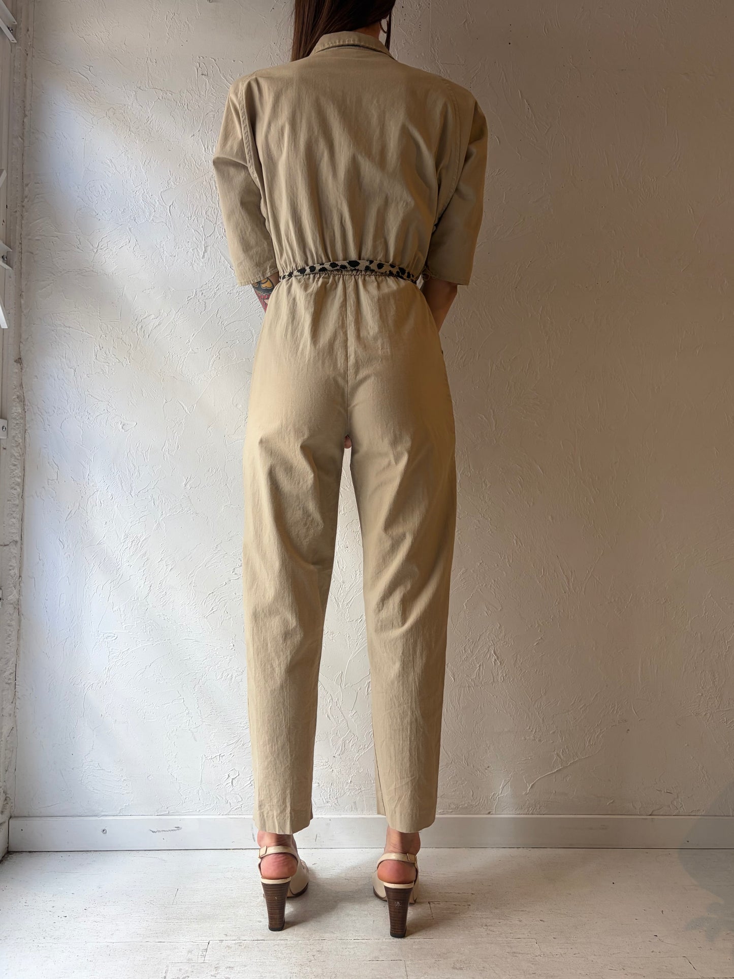 80s 'Honey's Fashion LTD' Beige Cotton Jump Suit / Vintage 1980s Retro One Piece / Small