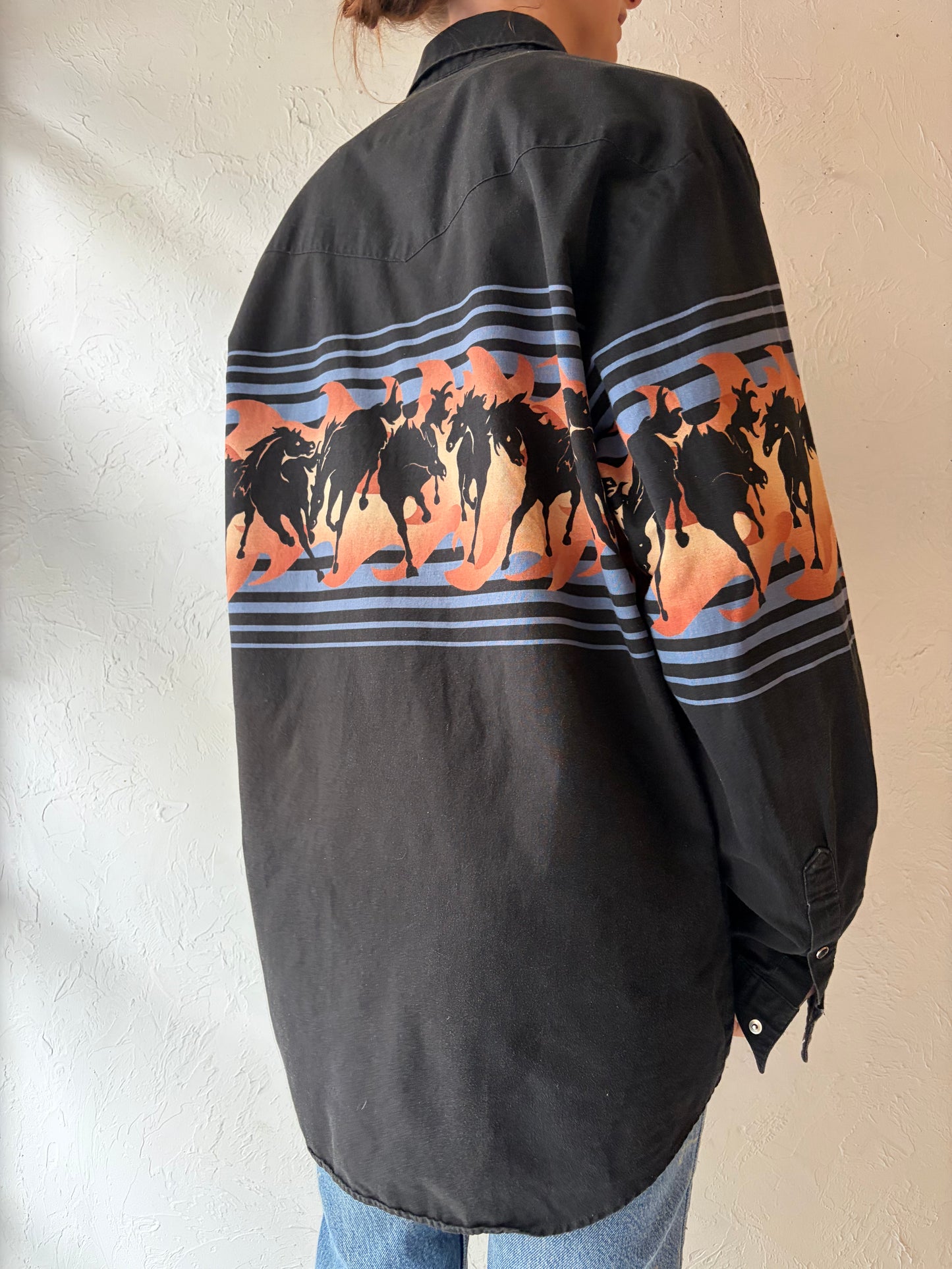 Y2k 'Roper' Horse Print Western Snap Up Shirt / Vintage 2000s Animal Print Cowboy Work Wear Shirt / Large