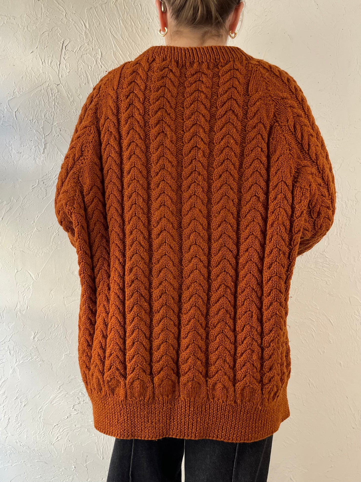 Vintage Hand Made Burnt Orange Cable Knit Sweater / Large