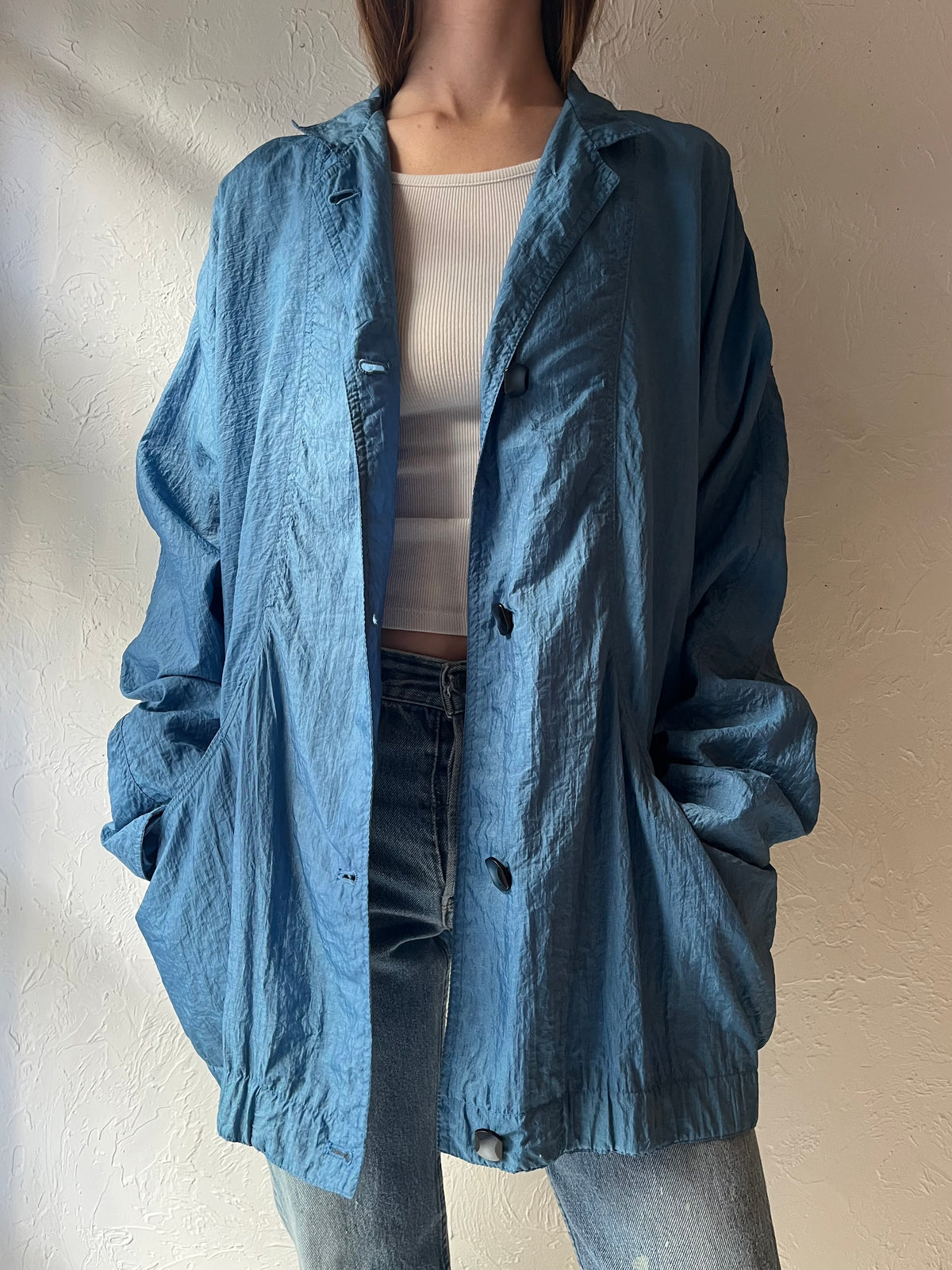 90s 'London Towne Blue Crinkle Retro Oversized Minimalist Lightweight Jacket / Medium
