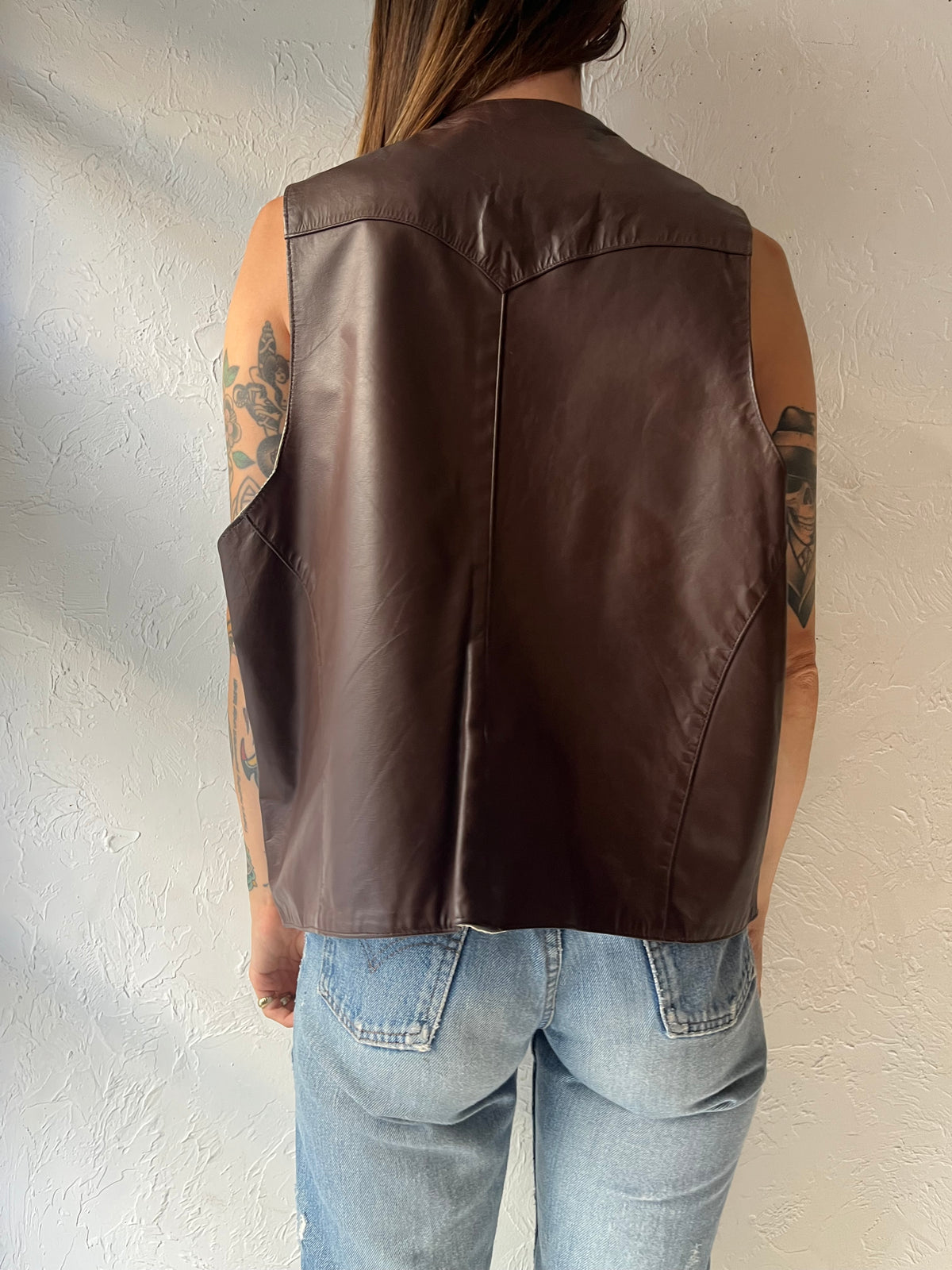 80s 'Continental Leather Fashion' Brown Genuine Leather Western Boho Biker Moto Vintage Vest / XLarge