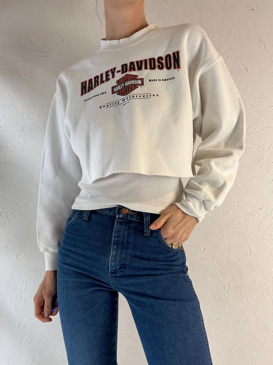 98 'Harley Davidson' White Cropped Crew Neck Sweatshirt / Medium