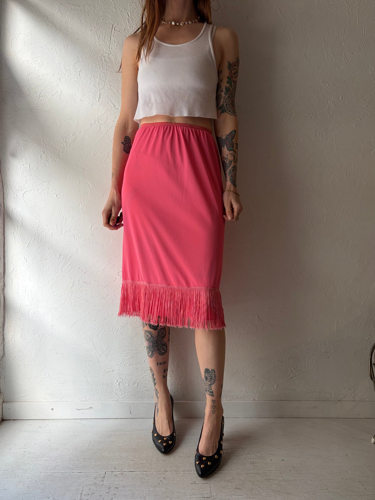 70s Pink Fringe Lingerie Flapper Slip Skirt / Small