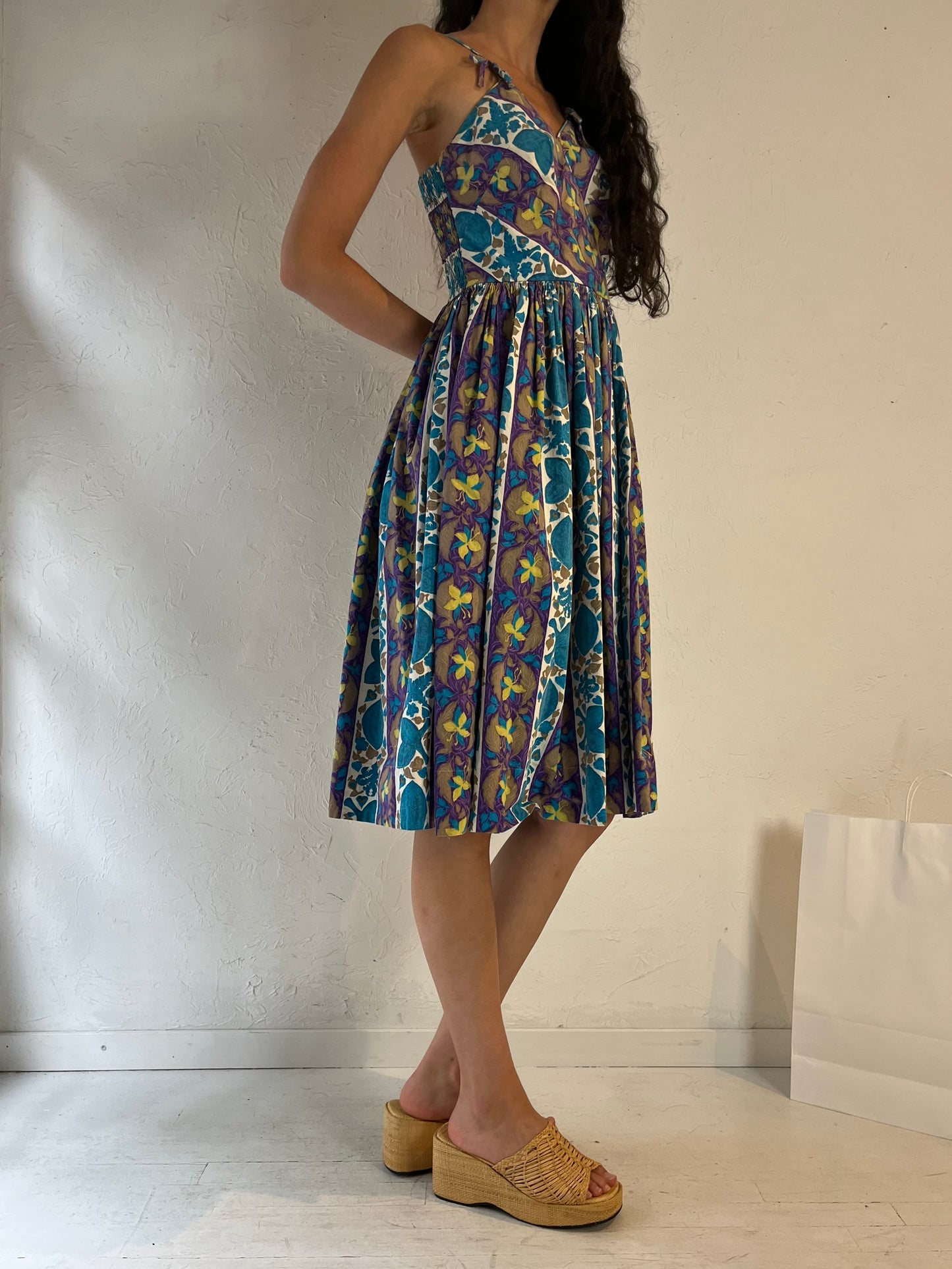 Vintage Handmade Blue Floral Midi Dress / Small