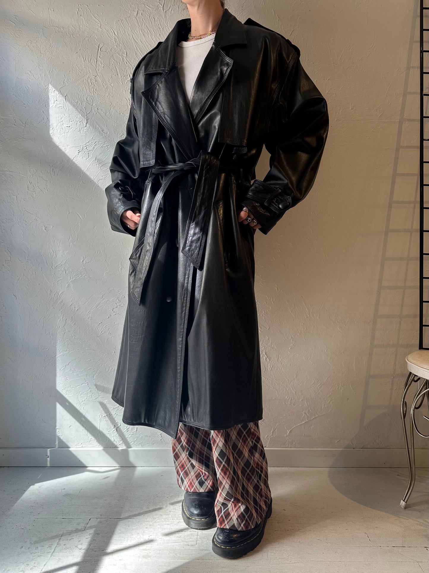 90s 'Nancy Lord' Black Leather Trench Coat / Large