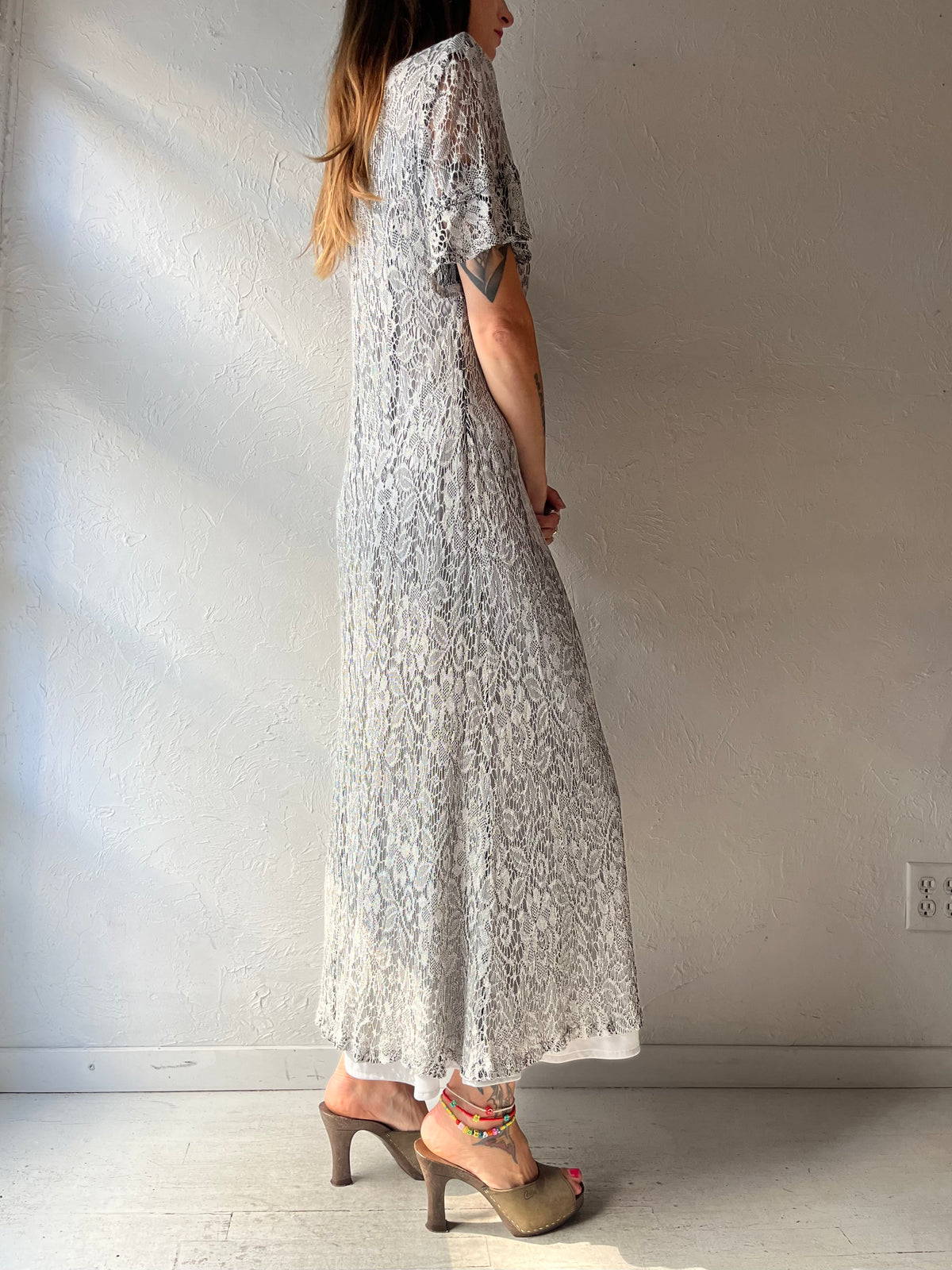 80s 'Michel Antoni' Silver Knit Floral Vintage Boho Romantic Evening Party Maxi Dress / Large