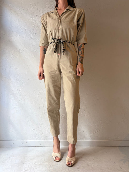 80s 'Honey's Fashion LTD' Beige Cotton Jump Suit / Vintage 1980s Retro One Piece / Small