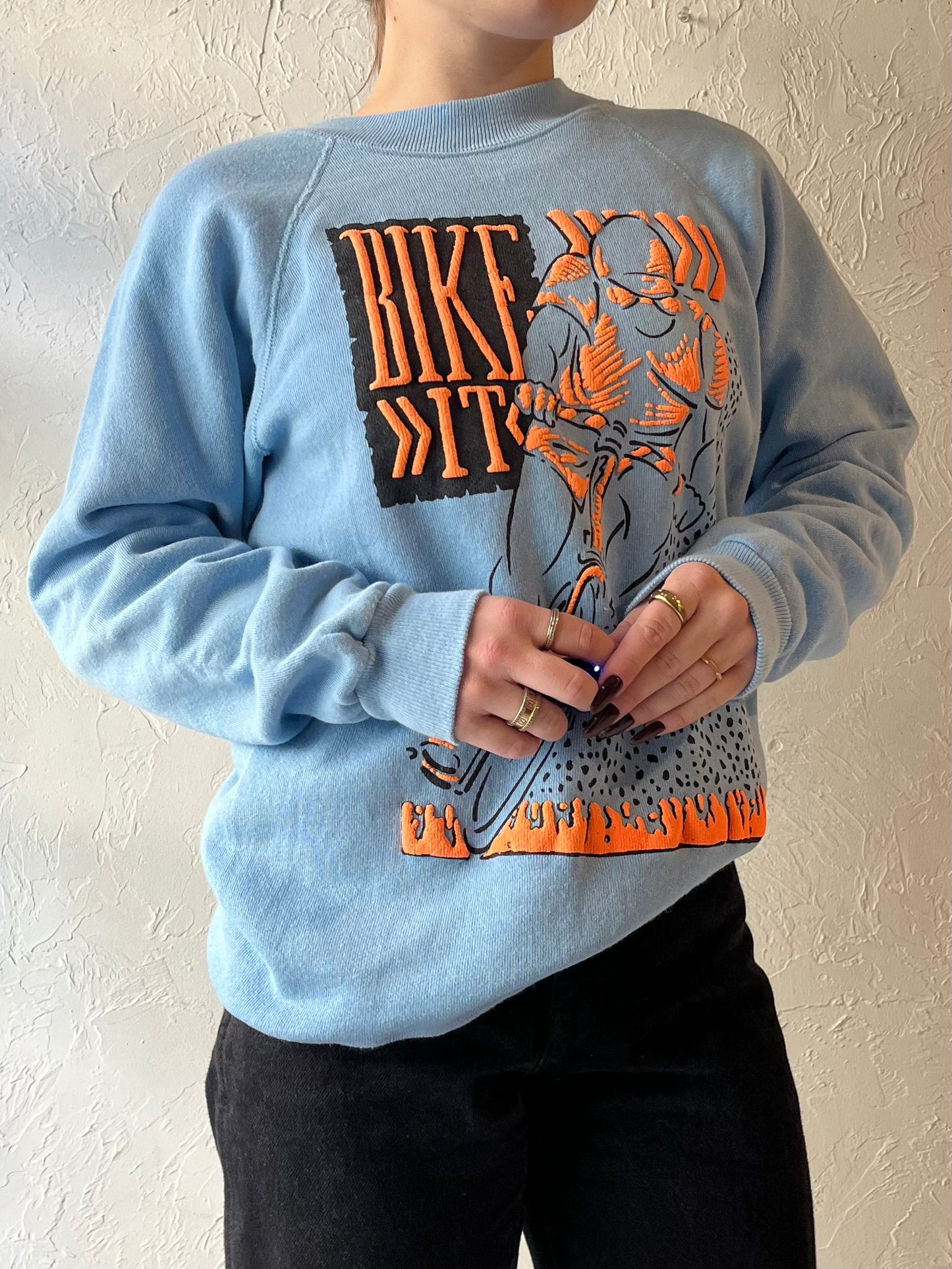 90s ‘Hanes’ Bike It Blue Crew Neck Sweatshirt / Medium