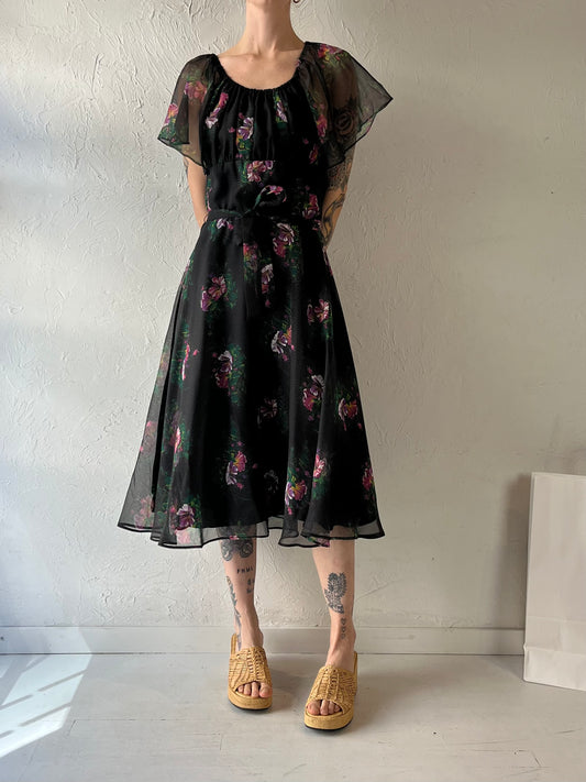 80s 'Sandi Gale' Black Floral Print Dress / Small