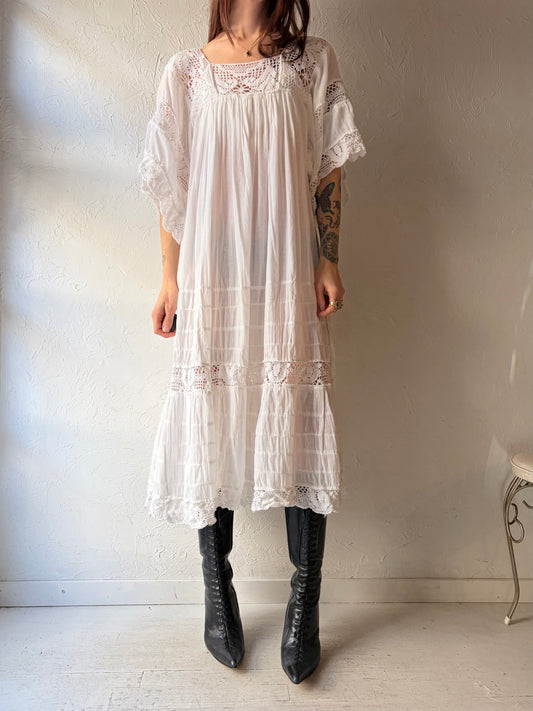 Vintage White Cotton Gauze Crochet Dress / Medium