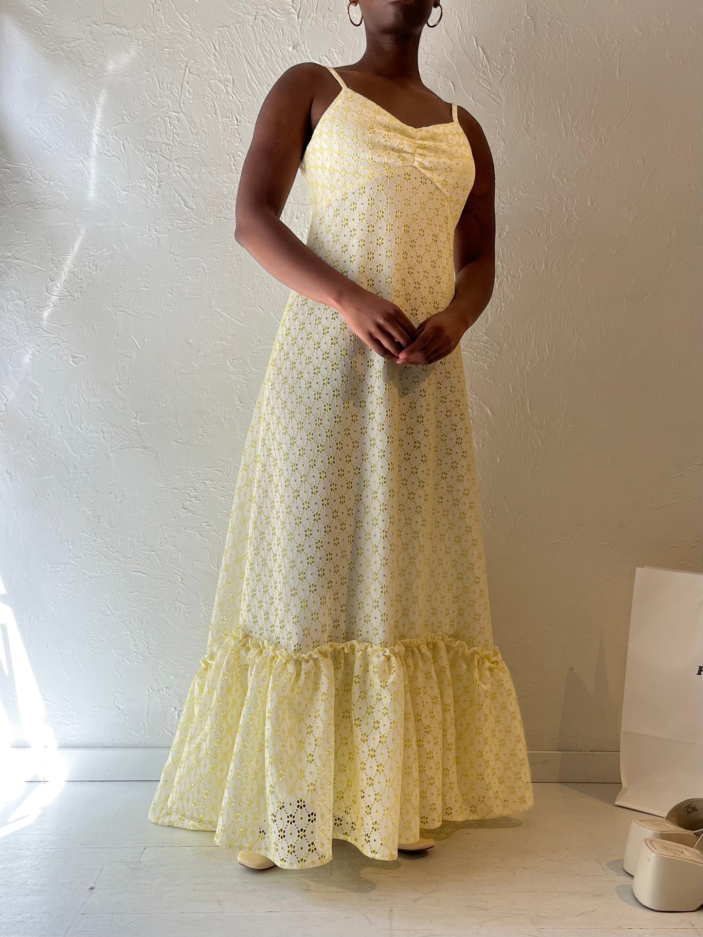 Vintage Handmade Yellow Eyelet Maxi Dress / Medium