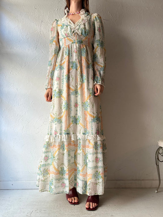 70s Pastel Floral Peasant Maxi Dress / Small