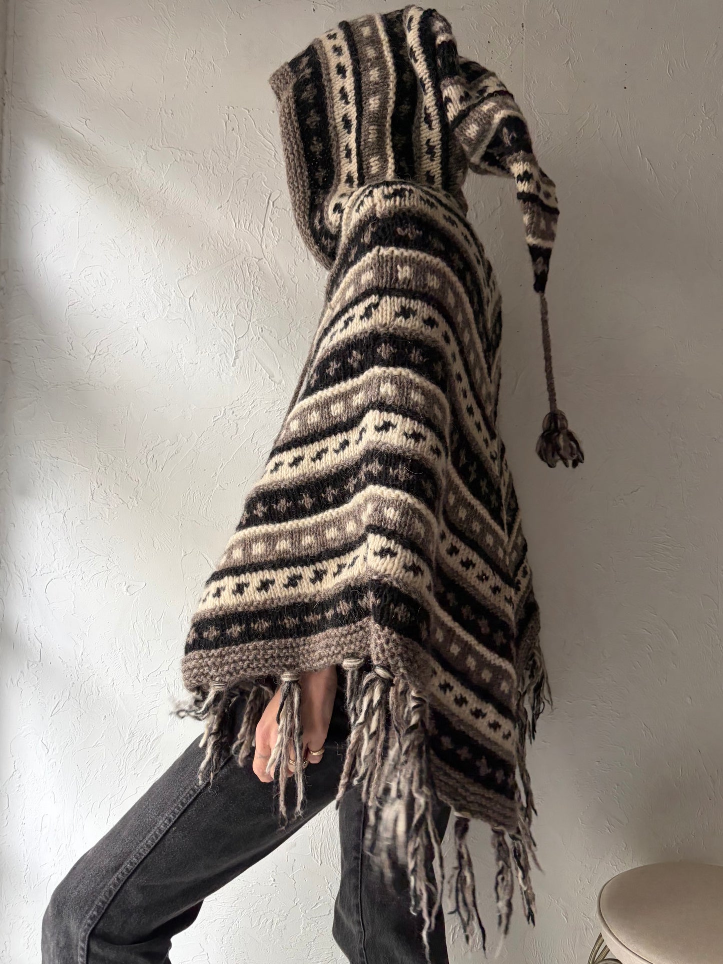 Vintage Hand Knit Wool Hooded Poncho / Small