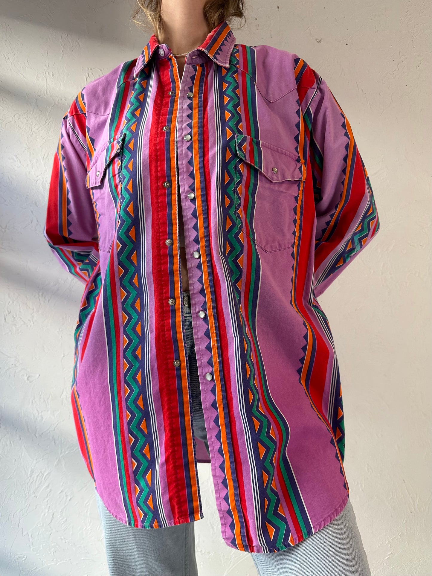 90s 'Karman' Striped Pearl Snap Western Shirt / Large