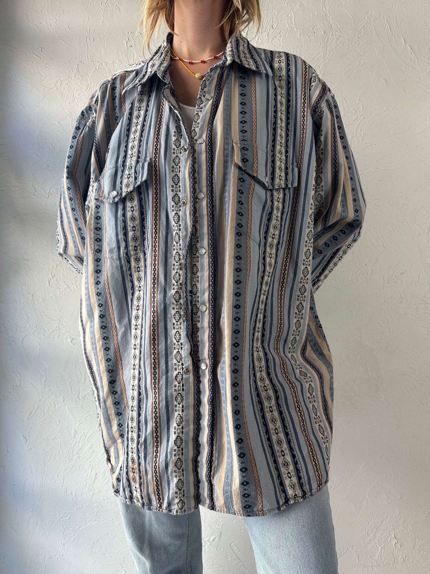 90s 'Pendleton' Blue Cotton Pearl Snap Shirt / XL