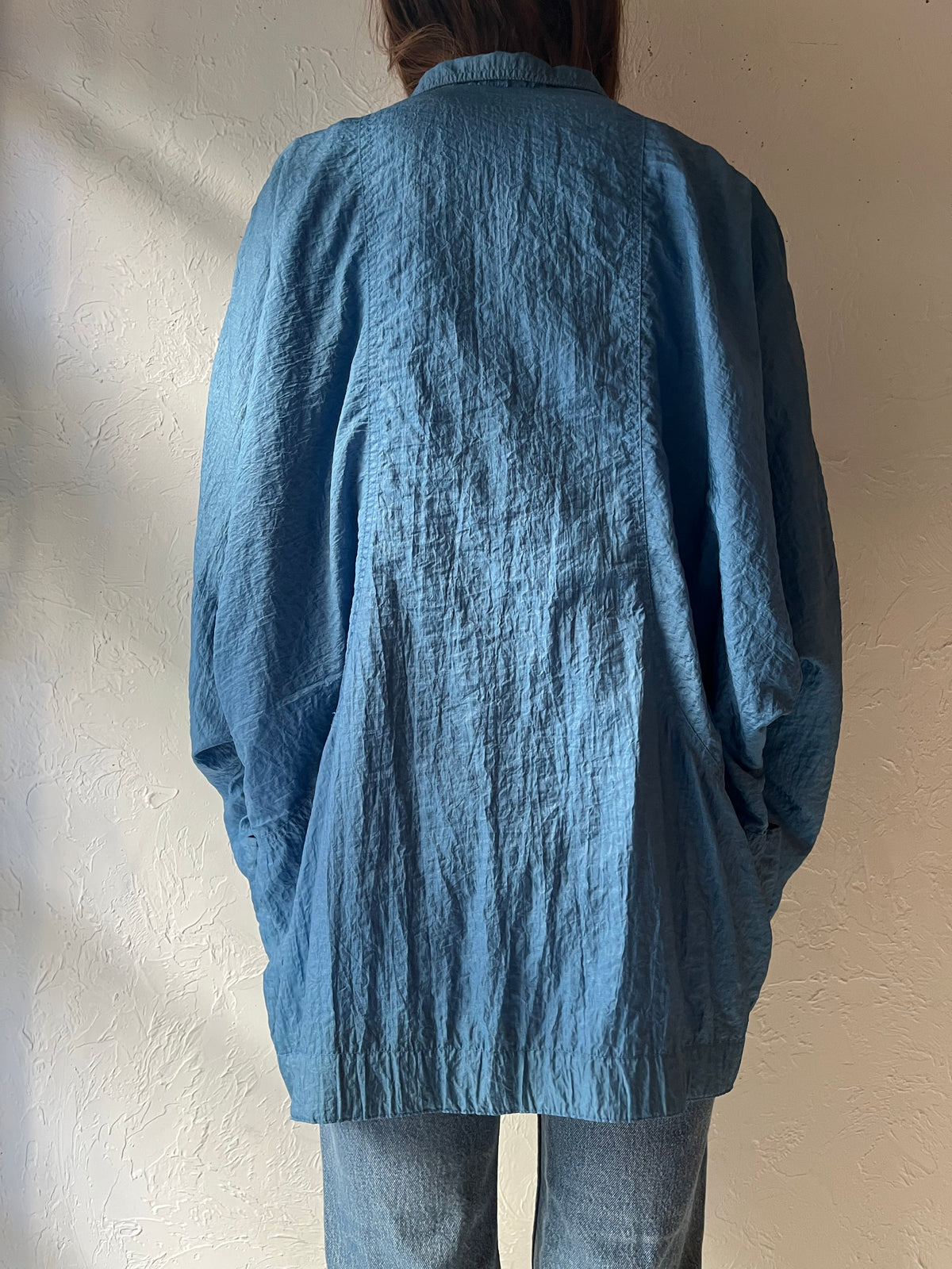 90s 'London Towne Blue Crinkle Retro Oversized Minimalist Lightweight Jacket / Medium
