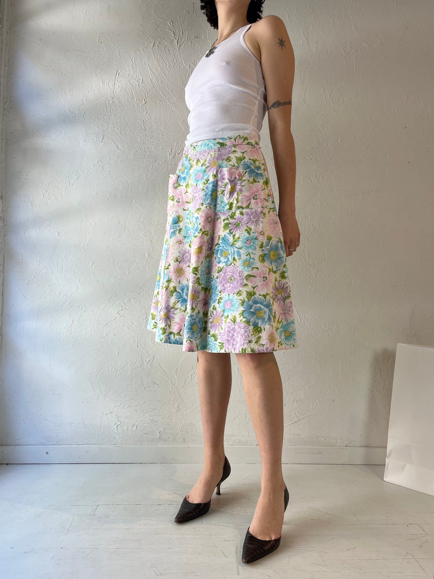 Vintage Handmade Pastel Floral Midi Skirt / Small