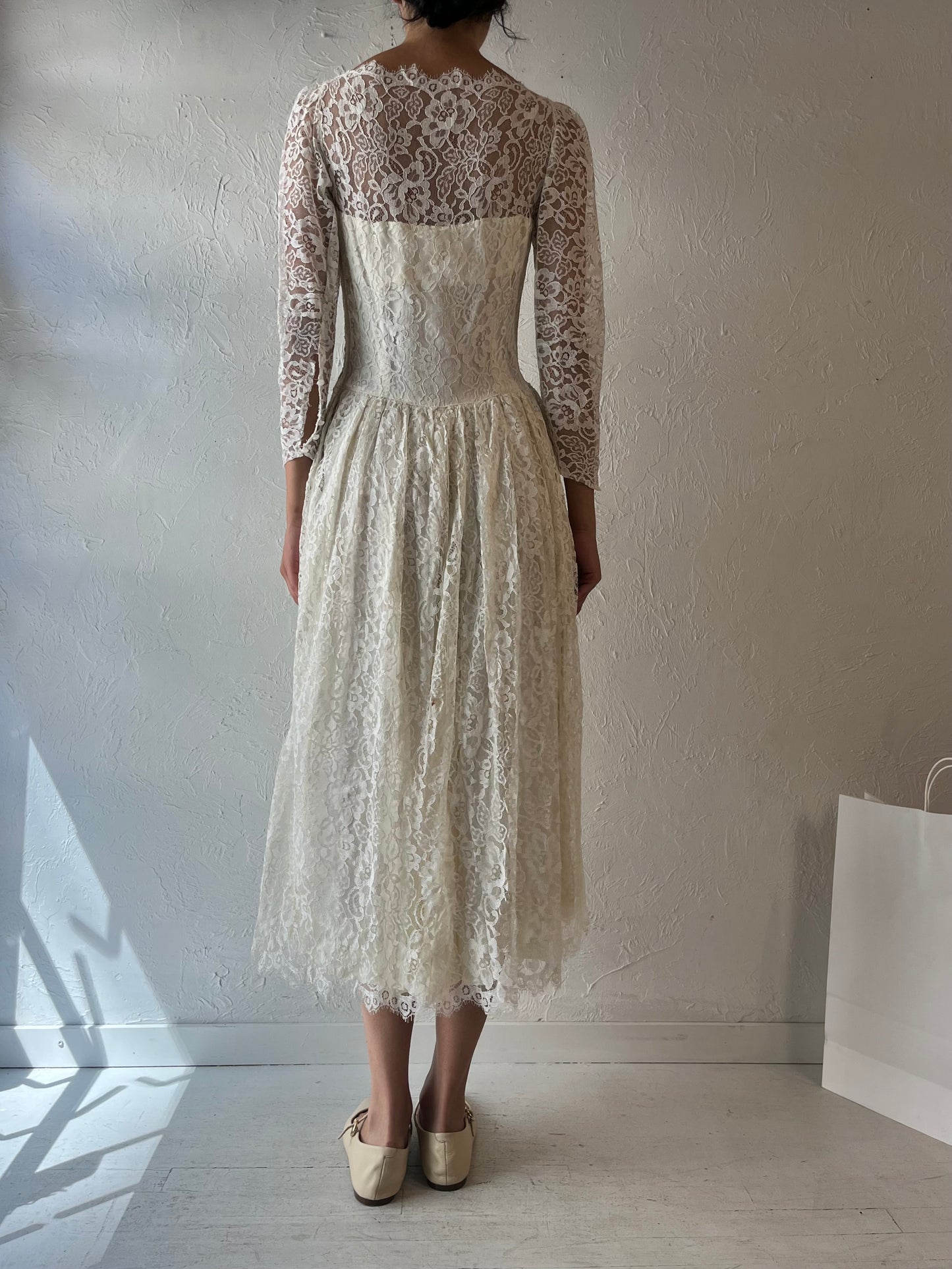 Vintage Handmade White Lace Wedding Dress / Small